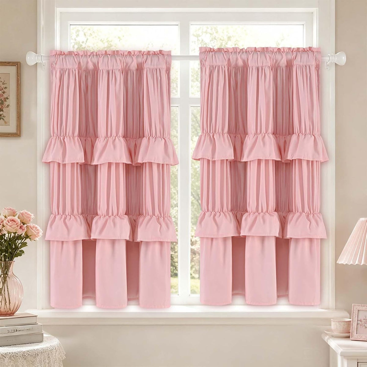 Yinhua Pink Kitchen Curtains 36 Inch Length Ruffle Blackout Cafe Curtains, Farmhouse Rustic Kitchen Window Curtain Rod Pocket Short Tier Curtain for Windows, 26" W x 36" L, 2 Panels