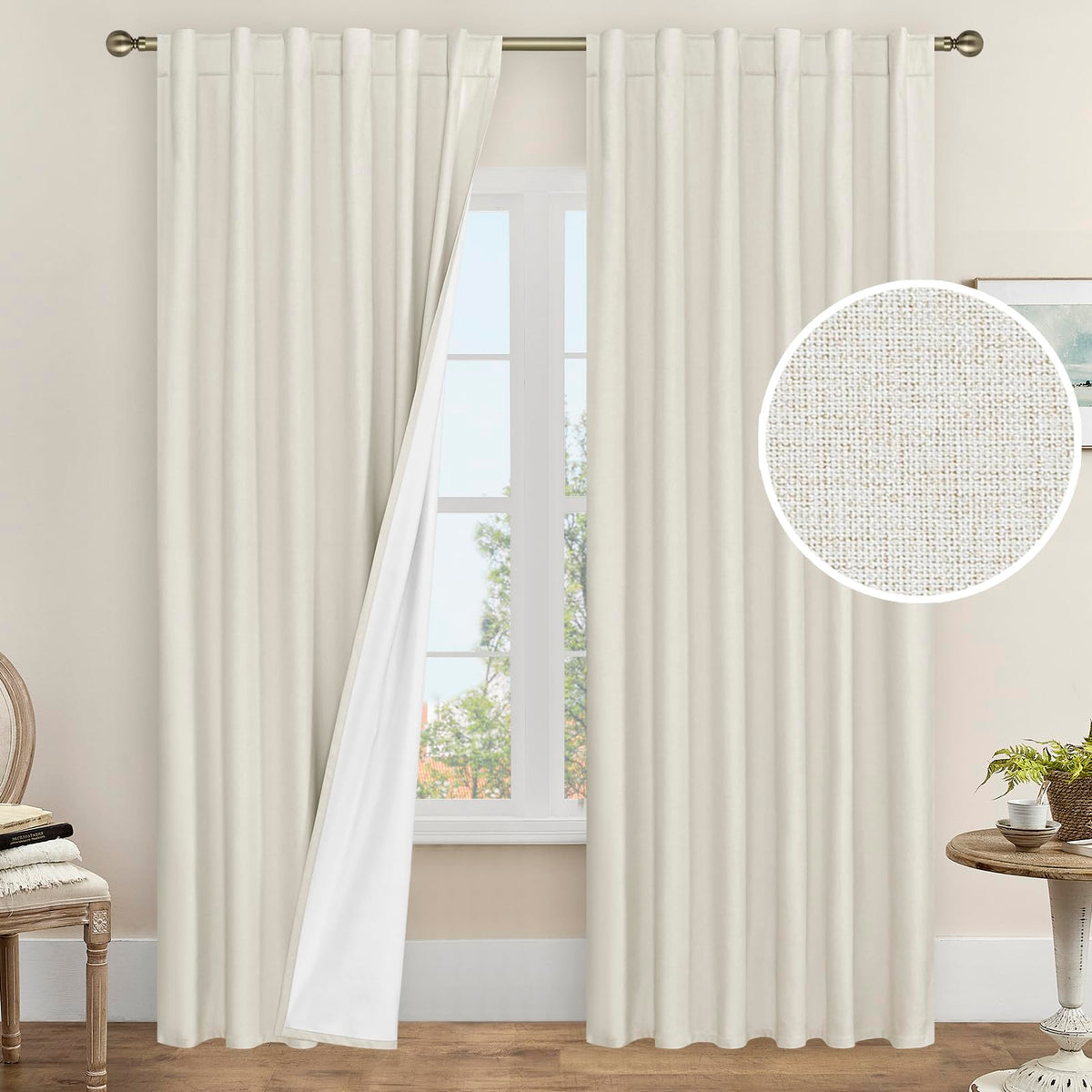 LAMIT Full Blackout Linen Kitchen Window Curtains 36 Inches Long, Ivory