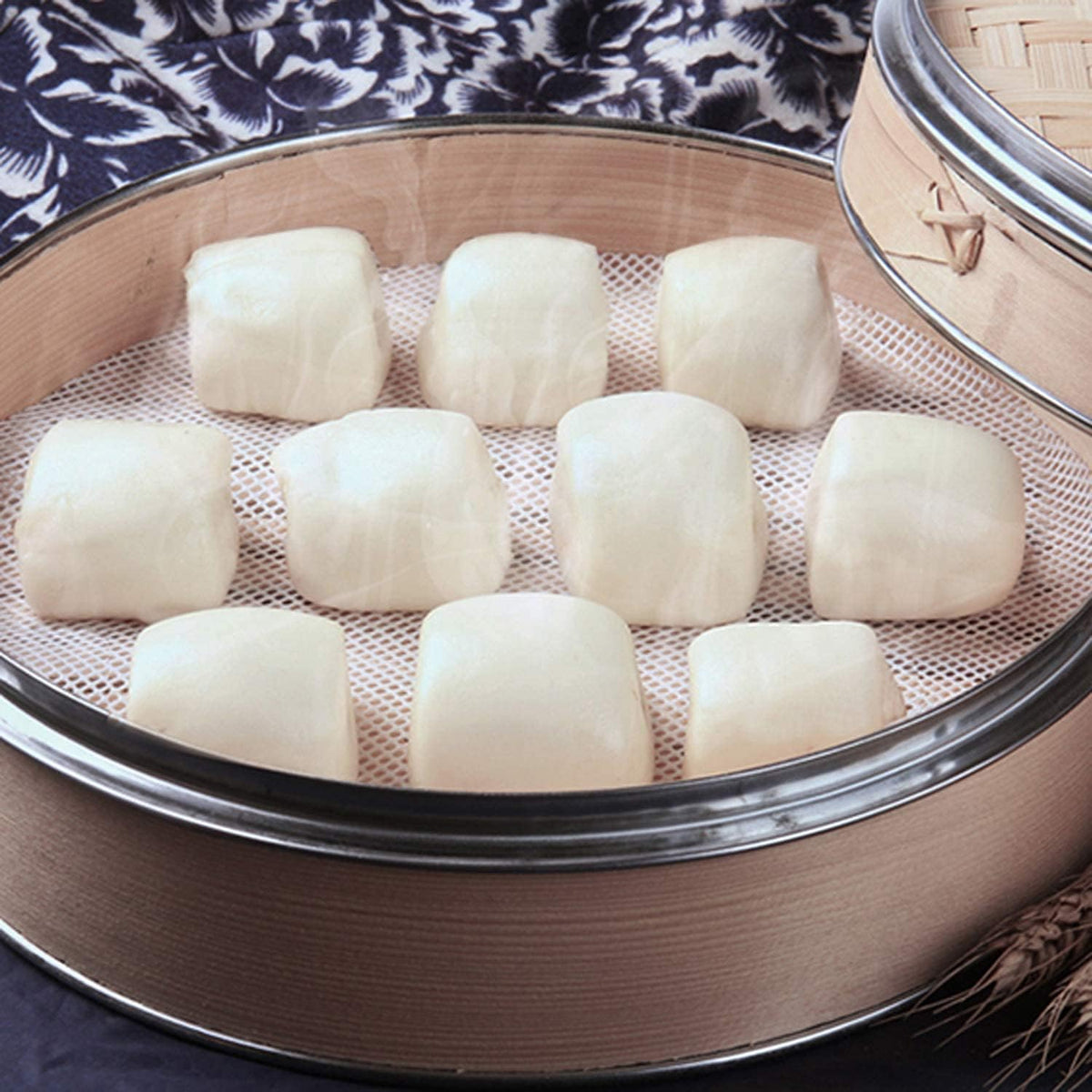 GUCUJI 9 Inch Silicone Bamboo Steamer Liners - Non-Stick, Reusable Steamer Mesh Mats for Steamed Buns, Dumplings, veggies, Dim Sum, Momo, Rice, and fish - Food Grade BPA Free (4Pcs)