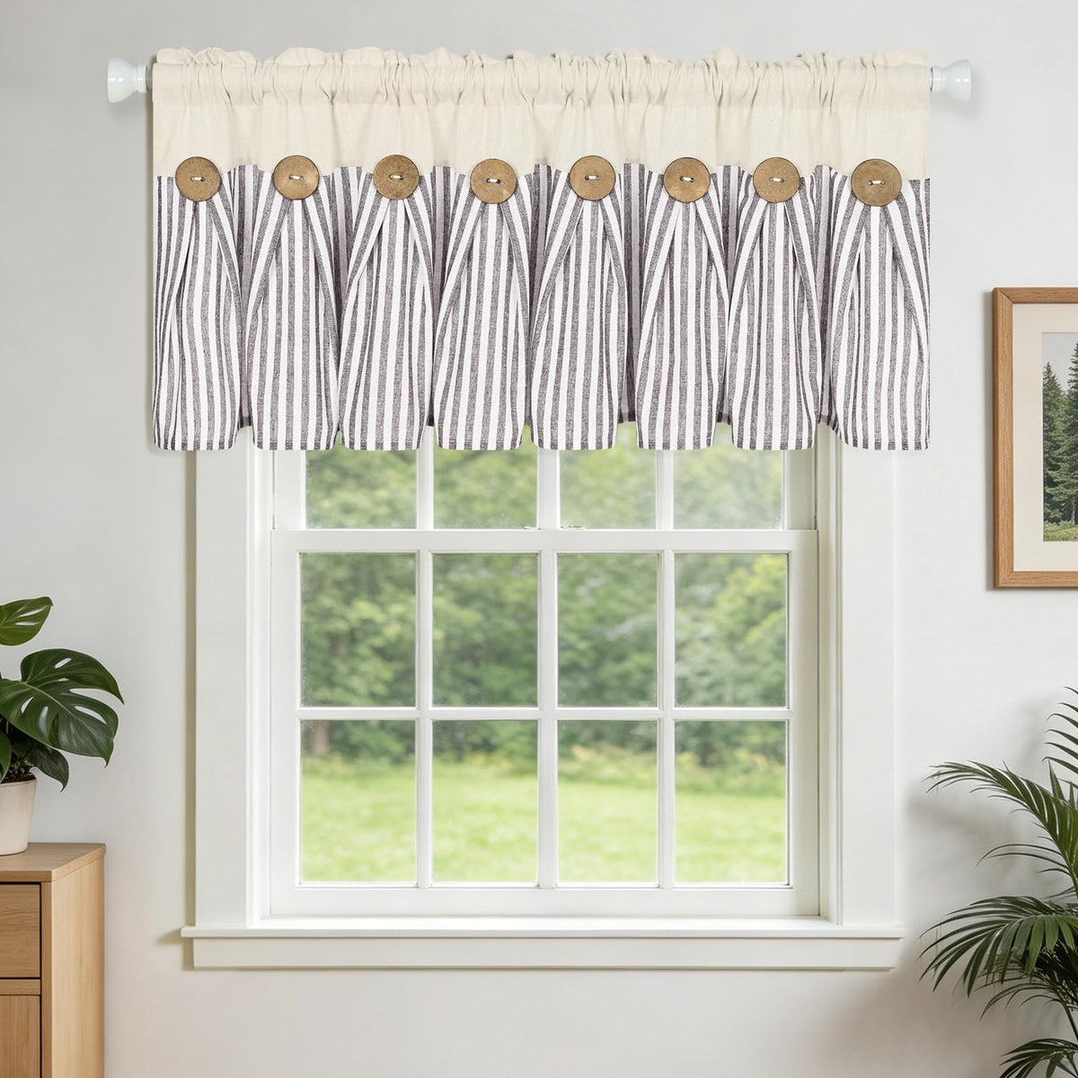 BLEUM CADE Farmhouse Kitchen Curtains 36 Inch, Cotton Linen Cafe Curtains with Rustic Buttons, Boho Small Window Curtains for Bathroom, Green Stripe Half Window Drapes Over Sink, 2 Panels