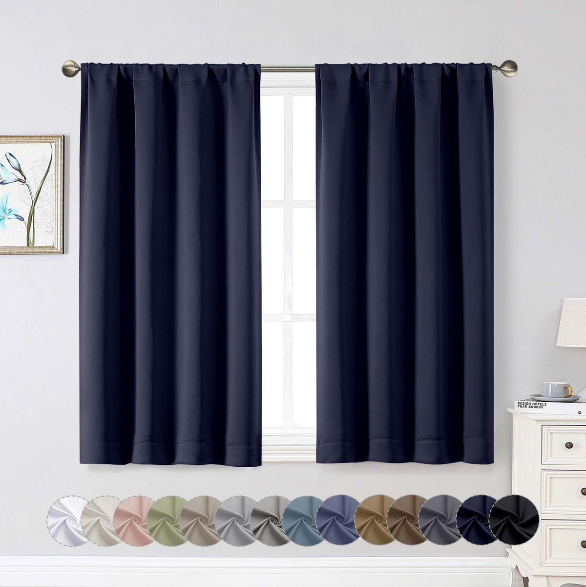 Black Cafe Blackout Curtains 36 Inch Length 2 Panels Set, Soft Solid Thermal Insulated Room Darkening Small Window Curtains for Kitchen Bathroom Basement, Black, Each, 40" Wx36 L