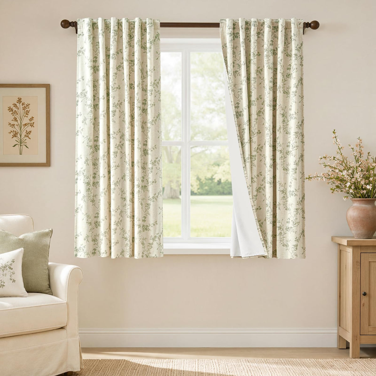 Lazzzy Green Vintage Floral Linen Curtains Farmhouse 26W X 36L 2 Panels