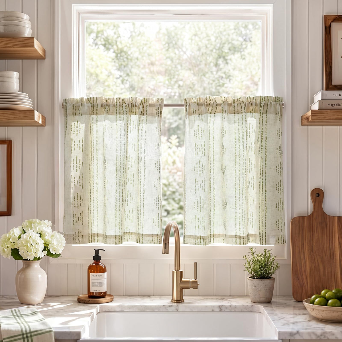 jinchan Linen Striped Tier Curtains for Kitchen Windows Farmhouse