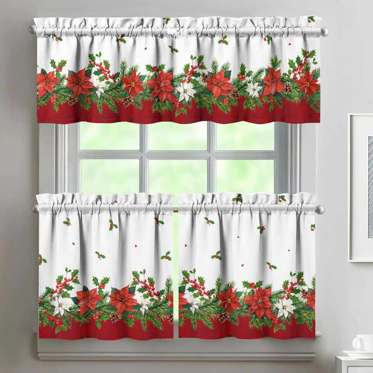 Sage Kitchen Curtain Valance 3 Piece Set, Sage Leaf Floral Kitchen Decor for Home Interior, Farmhouse Style Sink Window Curtains 36 Inch