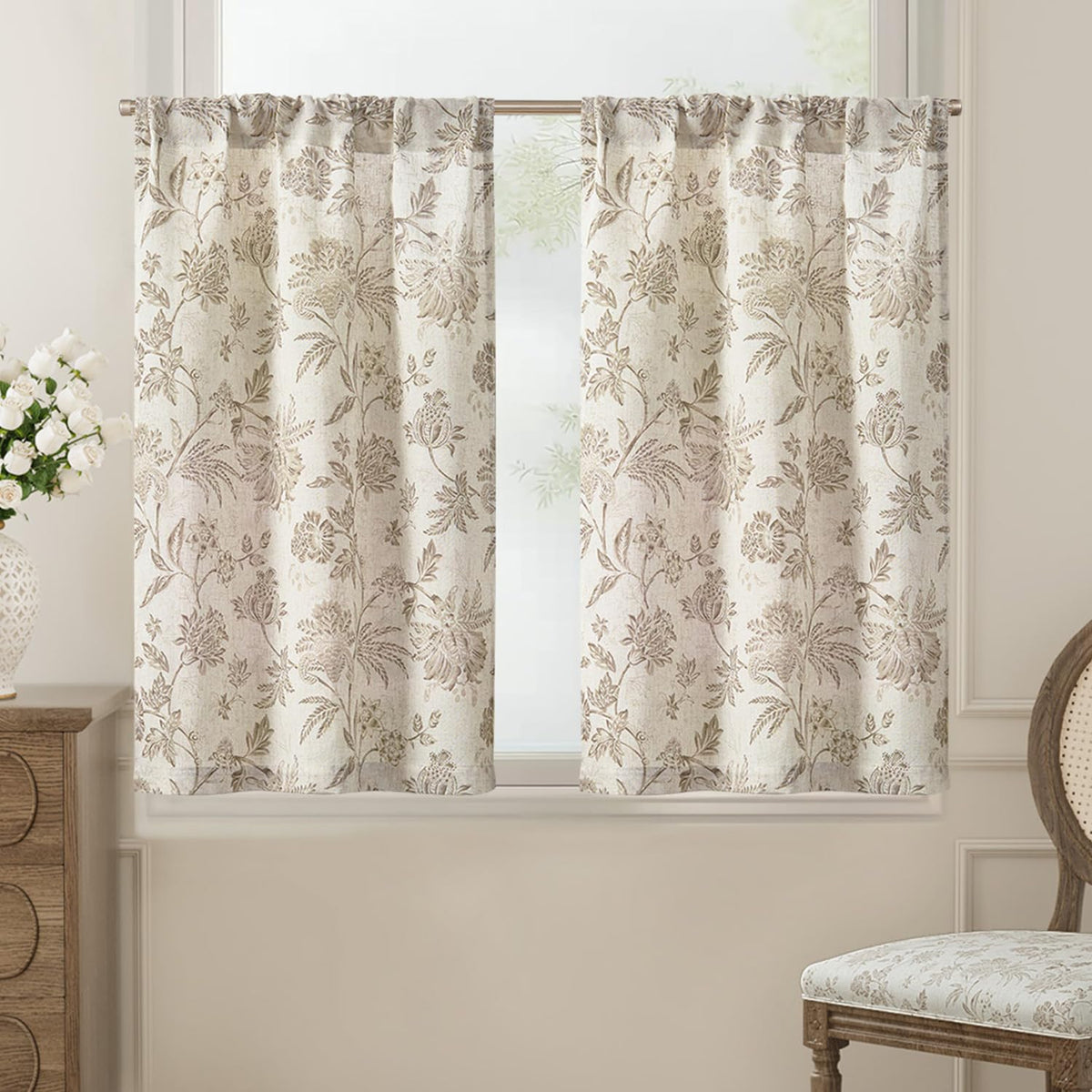jinchan Floral Kitchen Tier Curtains 24 Inch 2 Panels Sage Green on Beige