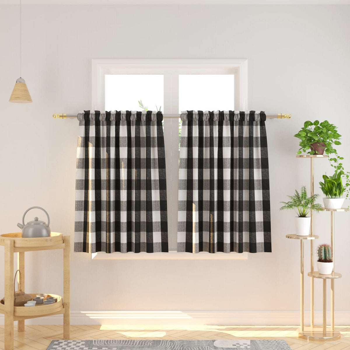 Buffalo Check Kitchen Tier Curtain 24 inches Long Plaid Gingham Rod Pocket Classic Cafe Curtains Country Farmhouse Kitchen Half Window Curtains 2 Panels Beige & White