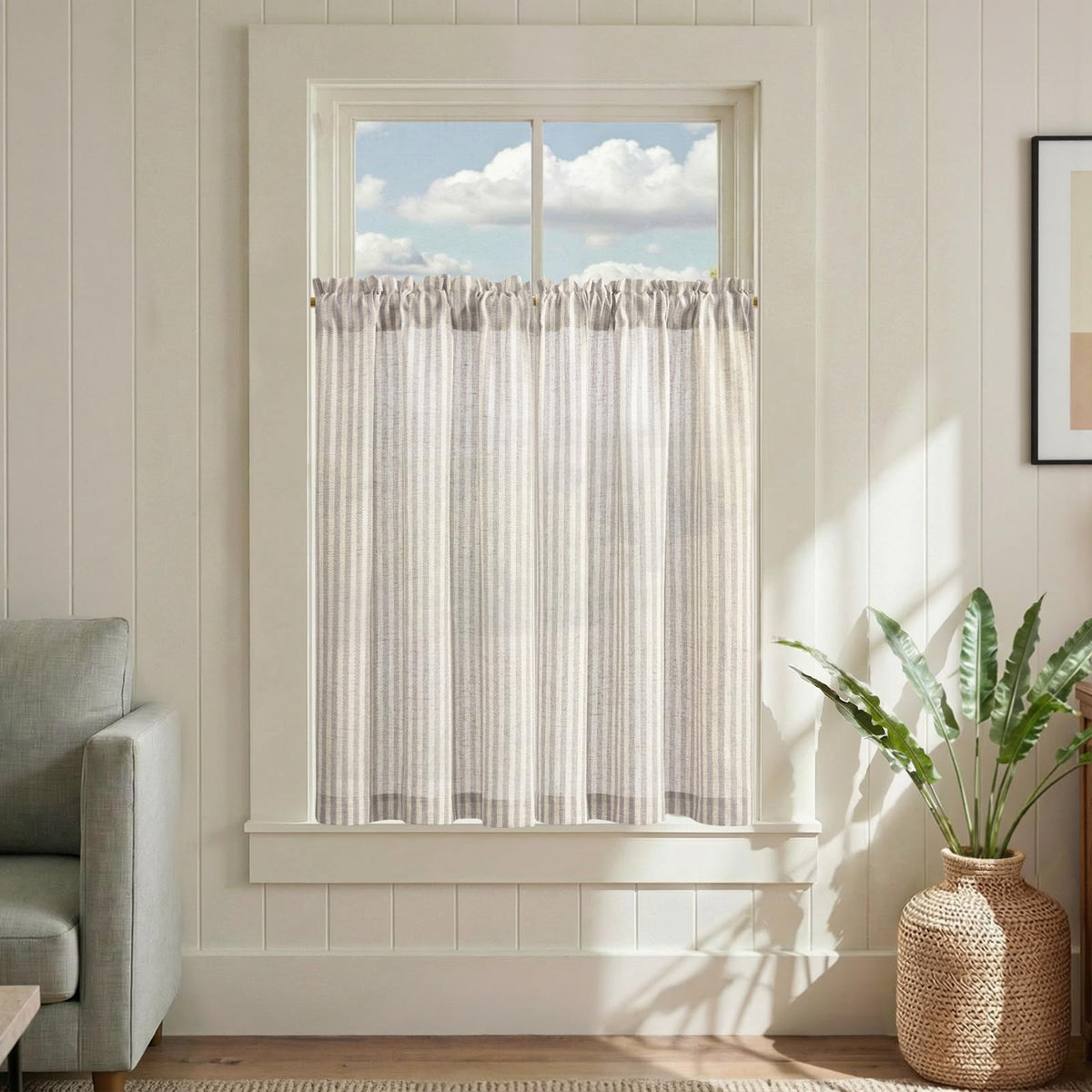 jinchan Striped Linen Kitchen Tier Curtains, 20 Inch, Tan, 2 Panels