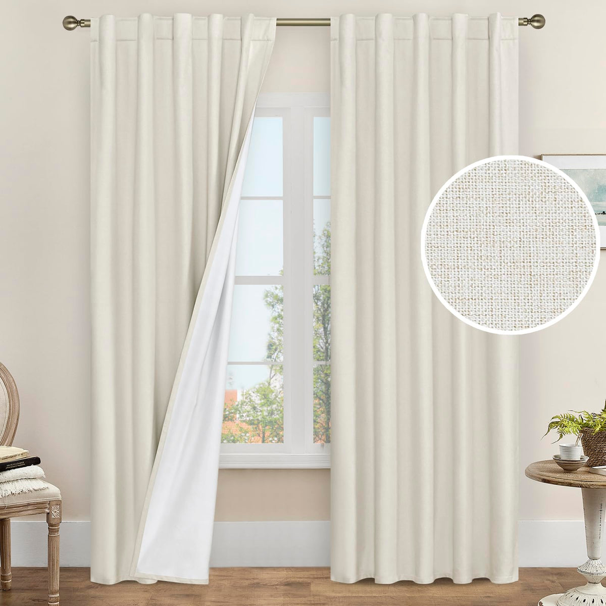 LAMIT Full Blackout Linen Kitchen Window Curtains 36 Inches Long, Ivory