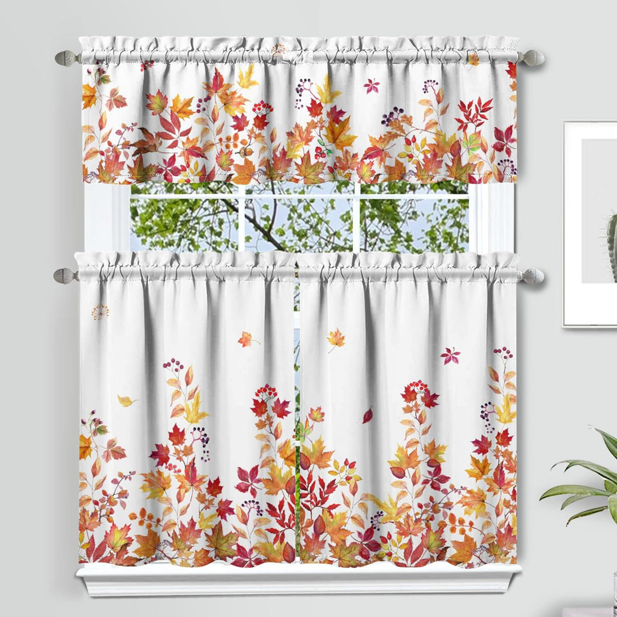 Sage Kitchen Curtain Valance 3 Piece Set, Sage Leaf Floral Kitchen Decor for Home Interior, Farmhouse Style Sink Window Curtains 36 Inch