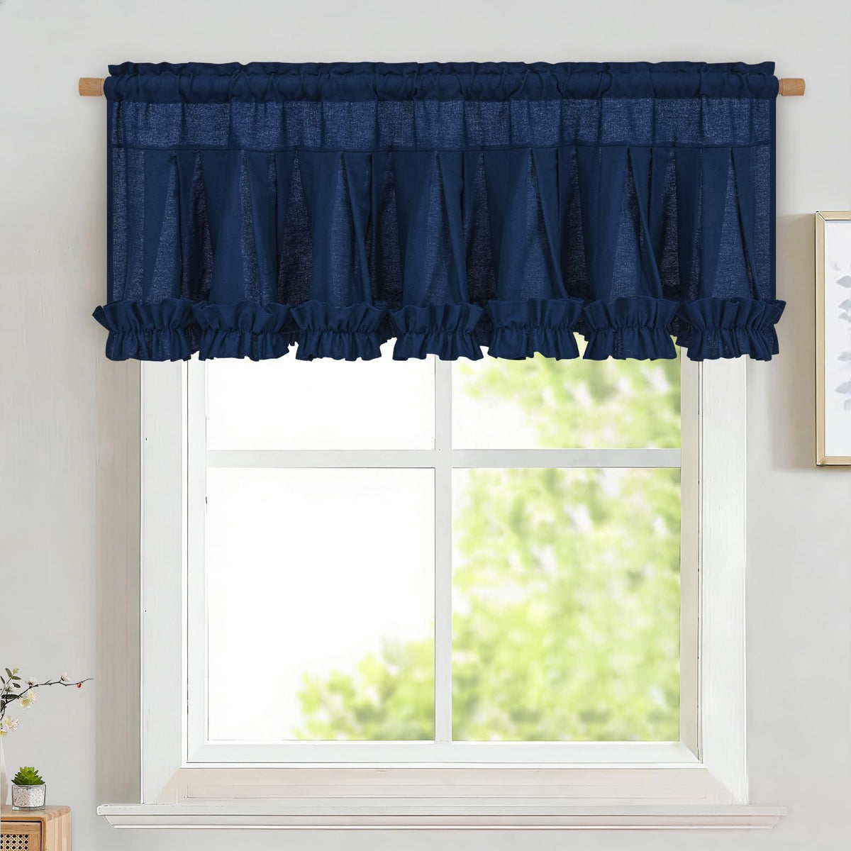 Likiyol Linen Valances for Windows Farmhouse Ruffle Swag Valance Rustic Country Window Valances Light Filtering Kitchen Curtains Rod Pocket Valance Curtains for Bathroom Cafe, Green, 60" W x 36" L