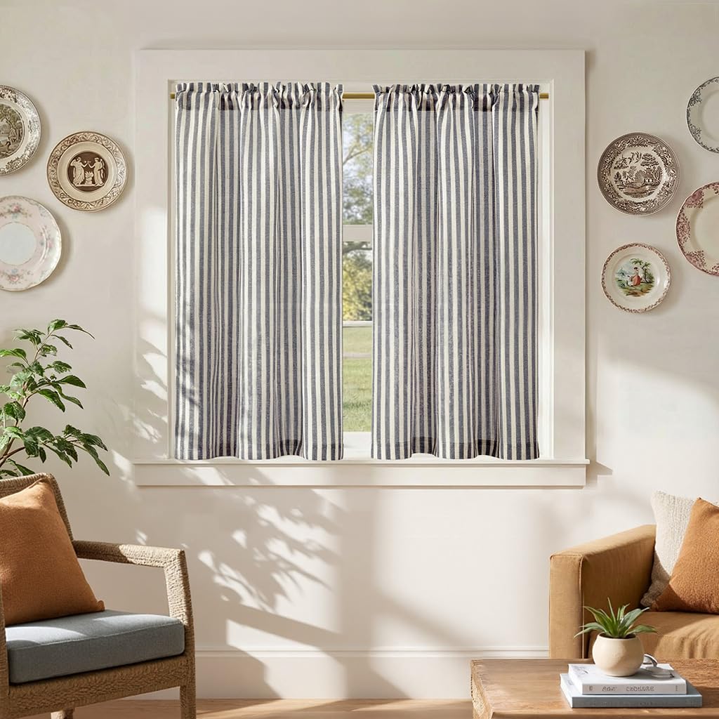 jinchan Striped Linen Kitchen Tier Curtains, 20 Inch, Tan, 2 Panels