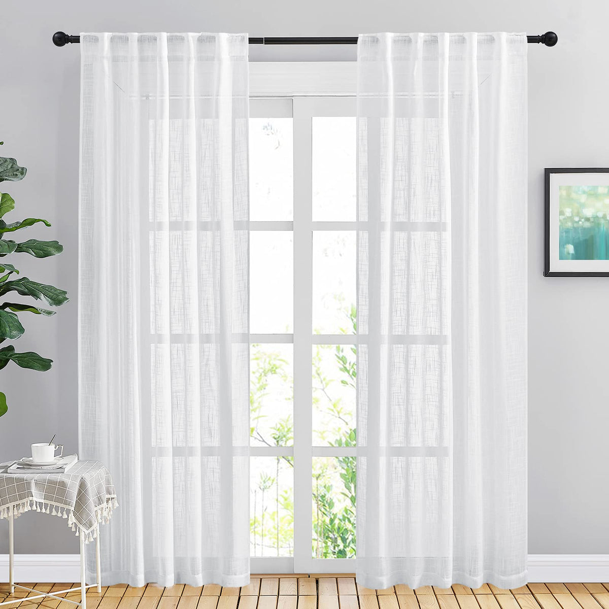 NICETOWN Natural Linen Kitchen Curtains 26 inches Long, Rod Pocket & Back Tab Semi Sheer Flax Window Treatments Rustic & Cute for Cafe/Kids Room, W37 x L26, 2 Panels