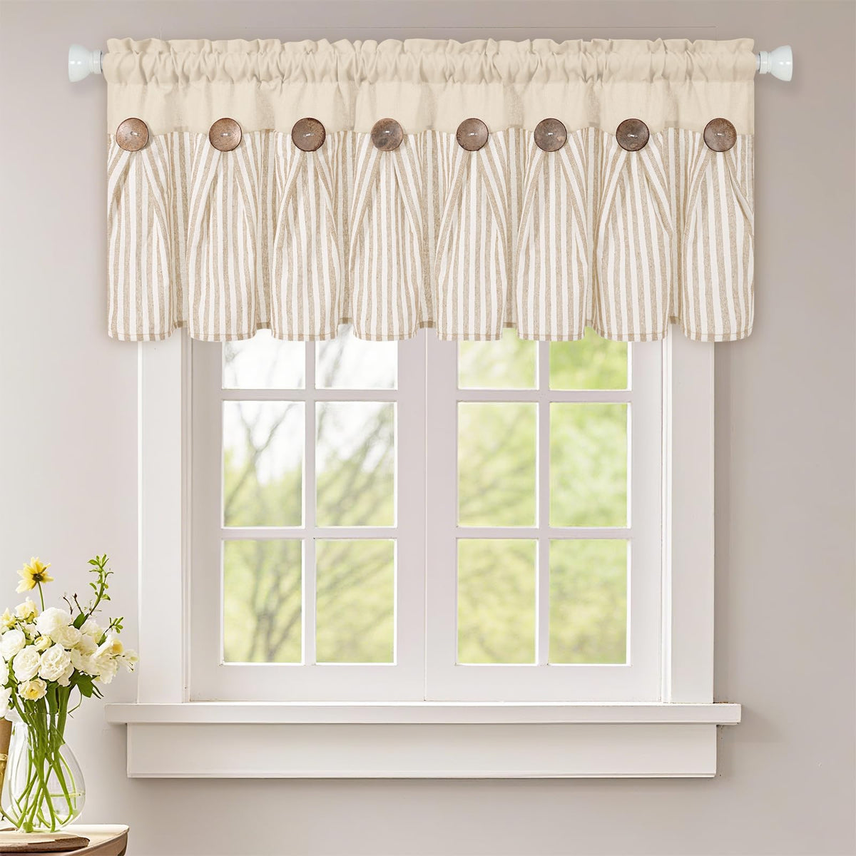 ASPMIZ Cotton Linen Kitchen Valance Curtains, Boho Rustic Button Linen Valances for Windows Farmhouse, Black with Grey Stripe Valance Window Topper Treatment Window Valances for Bathroom, 52 x 18 Inch