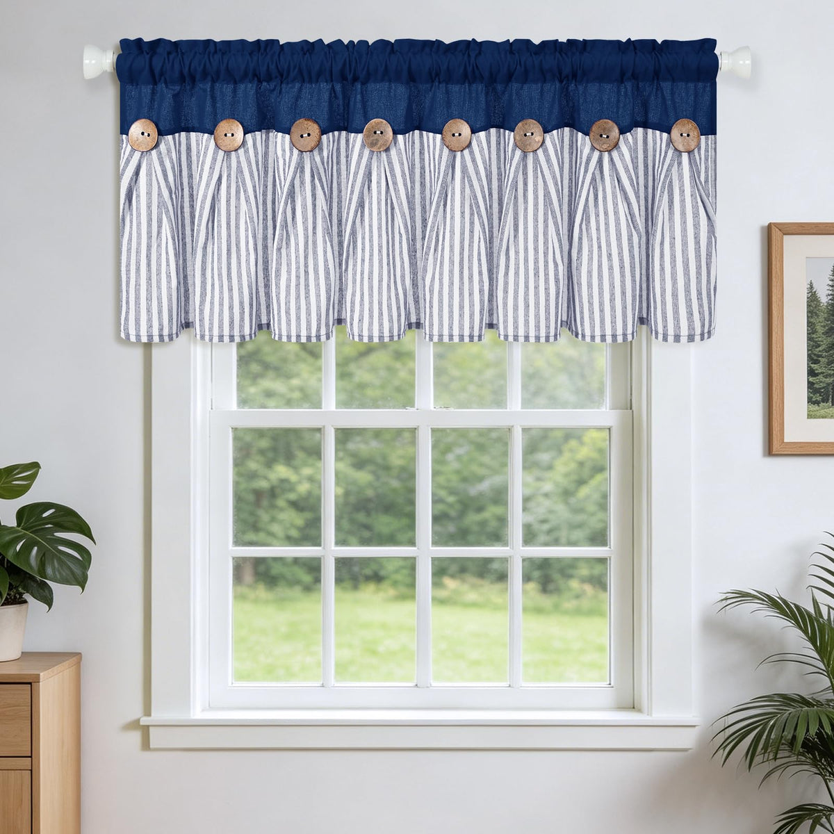 BLEUM CADE Farmhouse Kitchen Curtains 36 Inch, Cotton Linen Cafe Curtains with Rustic Buttons, Boho Small Window Curtains for Bathroom, Green Stripe Half Window Drapes Over Sink, 2 Panels