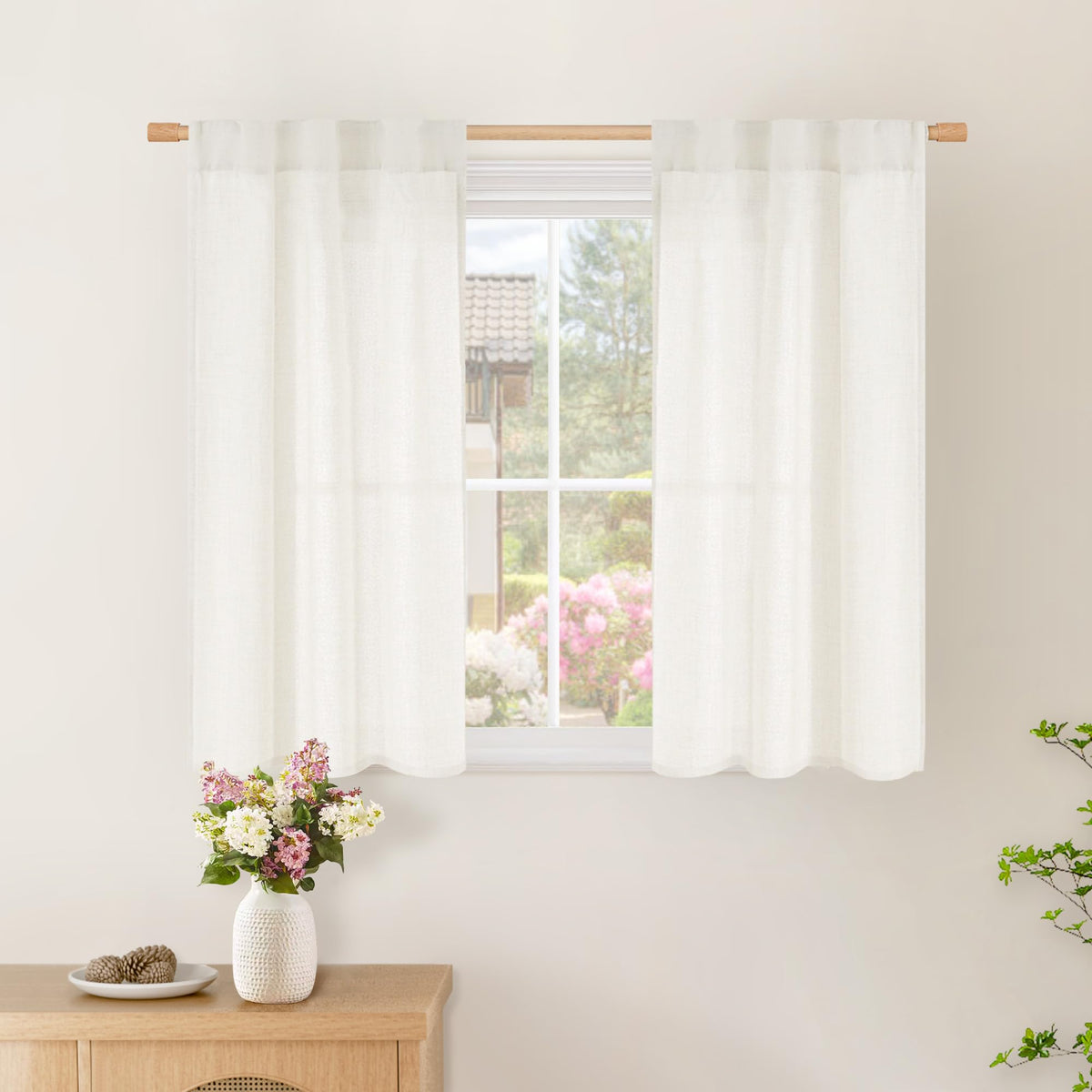 BGment White Linen Kitchen Curtains 40 Inch Length for Short Window