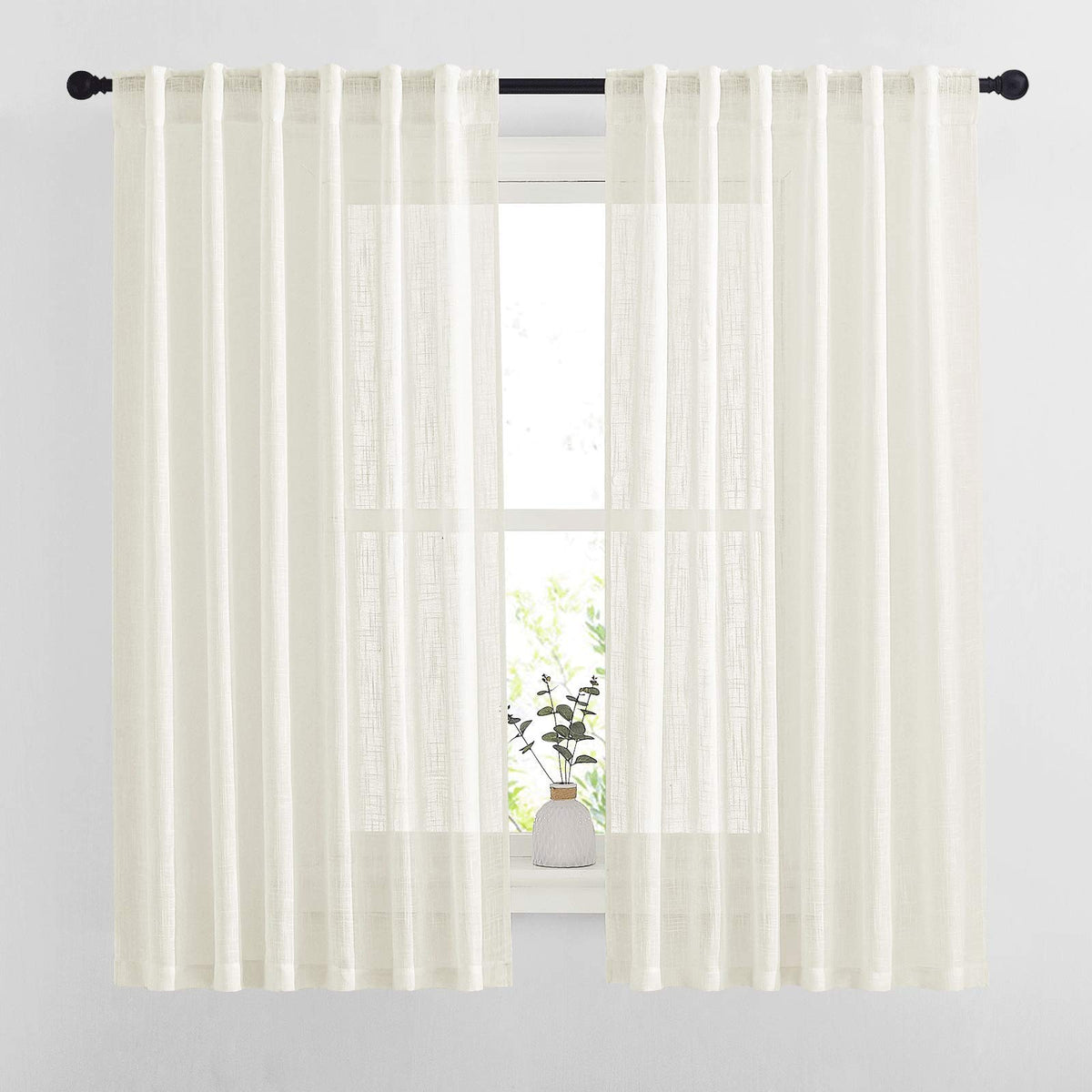 NICETOWN Natural Linen Kitchen Curtains 26 inches Long, Rod Pocket & Back Tab Semi Sheer Flax Window Treatments Rustic & Cute for Cafe/Kids Room, W37 x L26, 2 Panels
