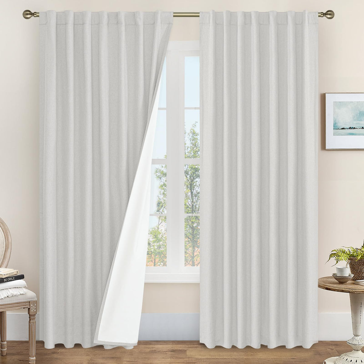 LAMIT Full Blackout Linen Kitchen Window Curtains 36 Inches Long, Ivory