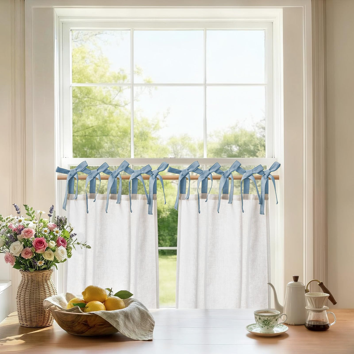 jinchan Solid Linen Kitchen Tier Curtains 24 Inches Tie Top 2 Panles Crude