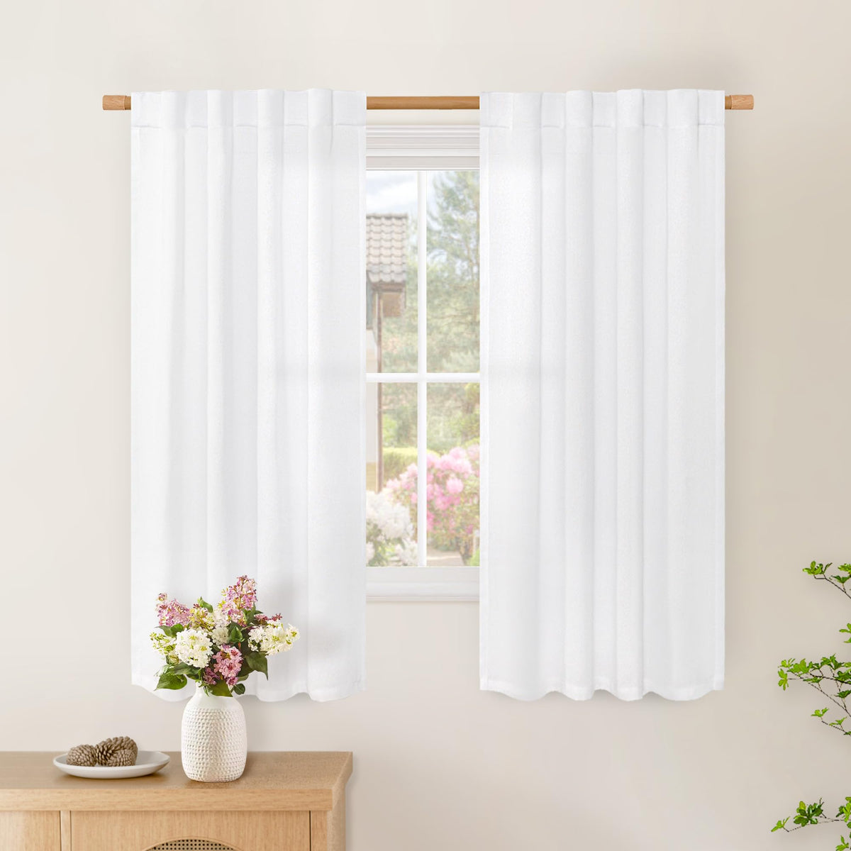 BGment White Linen Kitchen Curtains 40 Inch Length for Short Window