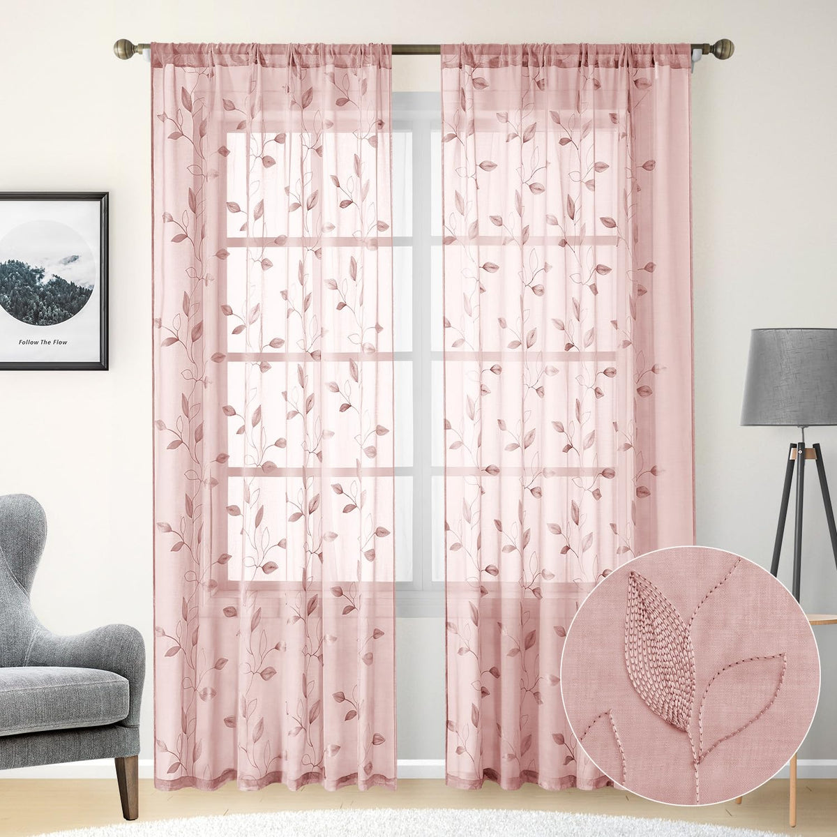 HOMEIDEAS Sage Green Kitchen Tier Curtains Leaf Embroidered, 30x36, 2 Panel