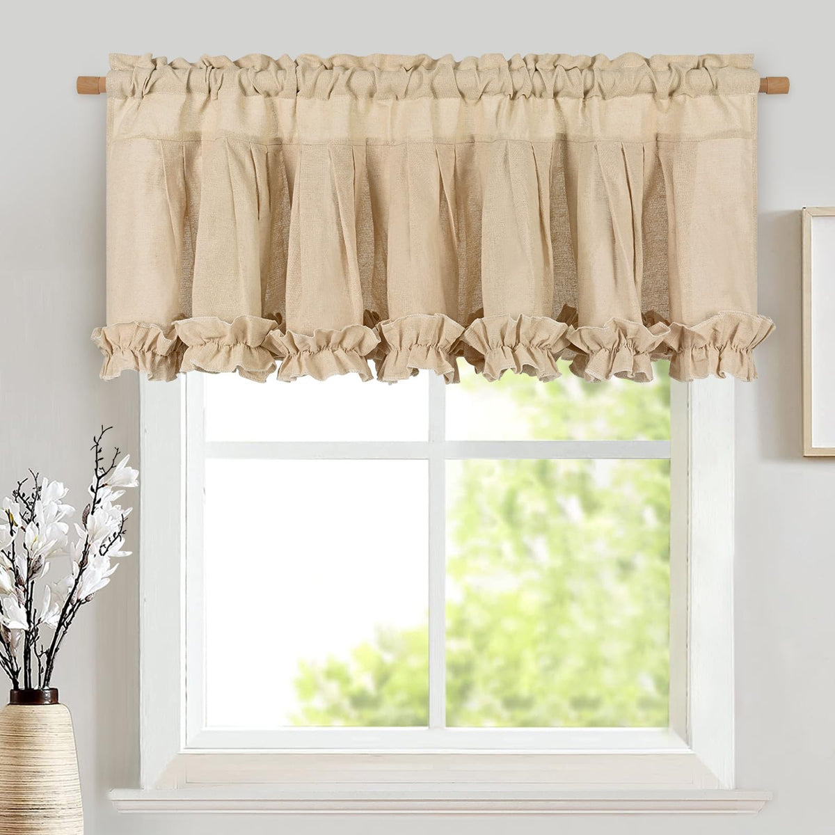 Likiyol Linen Valances for Windows Farmhouse Ruffle Swag Valance Rustic Country Window Valances Light Filtering Kitchen Curtains Rod Pocket Valance Curtains for Bathroom Cafe, Green, 60" W x 36" L