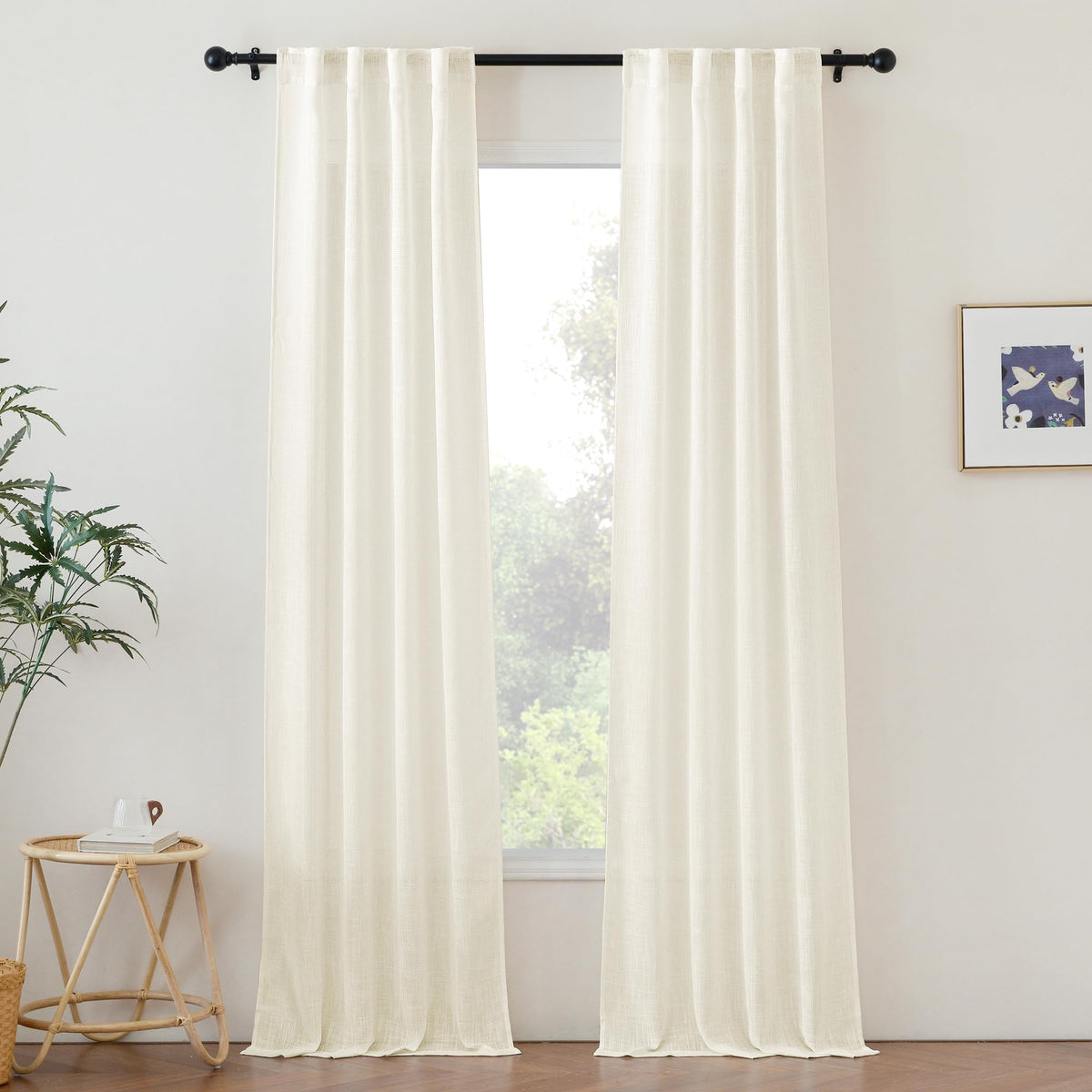 NICETOWN Natural Linen Kitchen Curtains 26 inches Long, Rod Pocket & Back Tab Semi Sheer Flax Window Treatments Rustic & Cute for Cafe/Kids Room, W37 x L26, 2 Panels