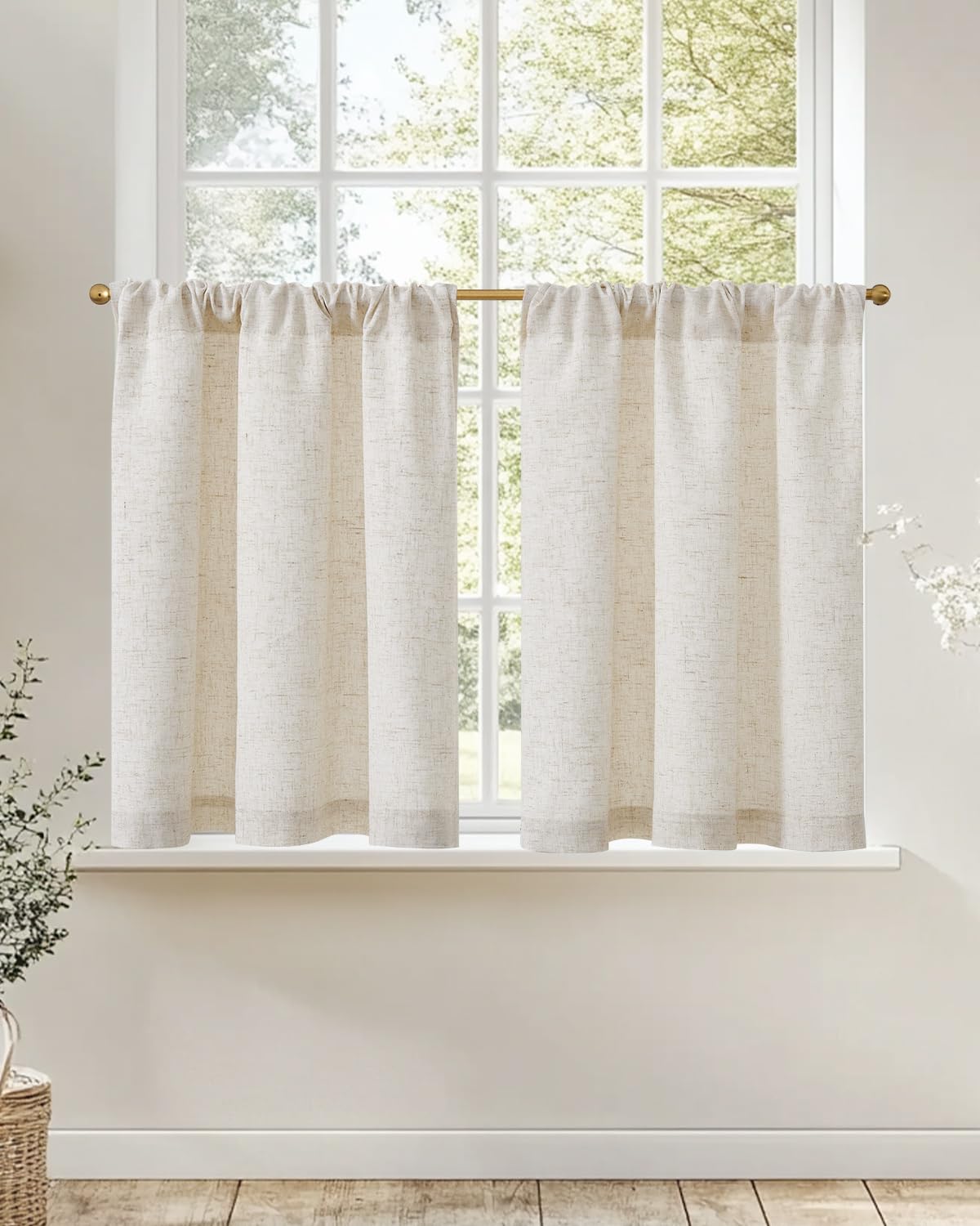 jinchan Linen Pinch Pleated Back Tab Tier Curtains, 26x36, Natural