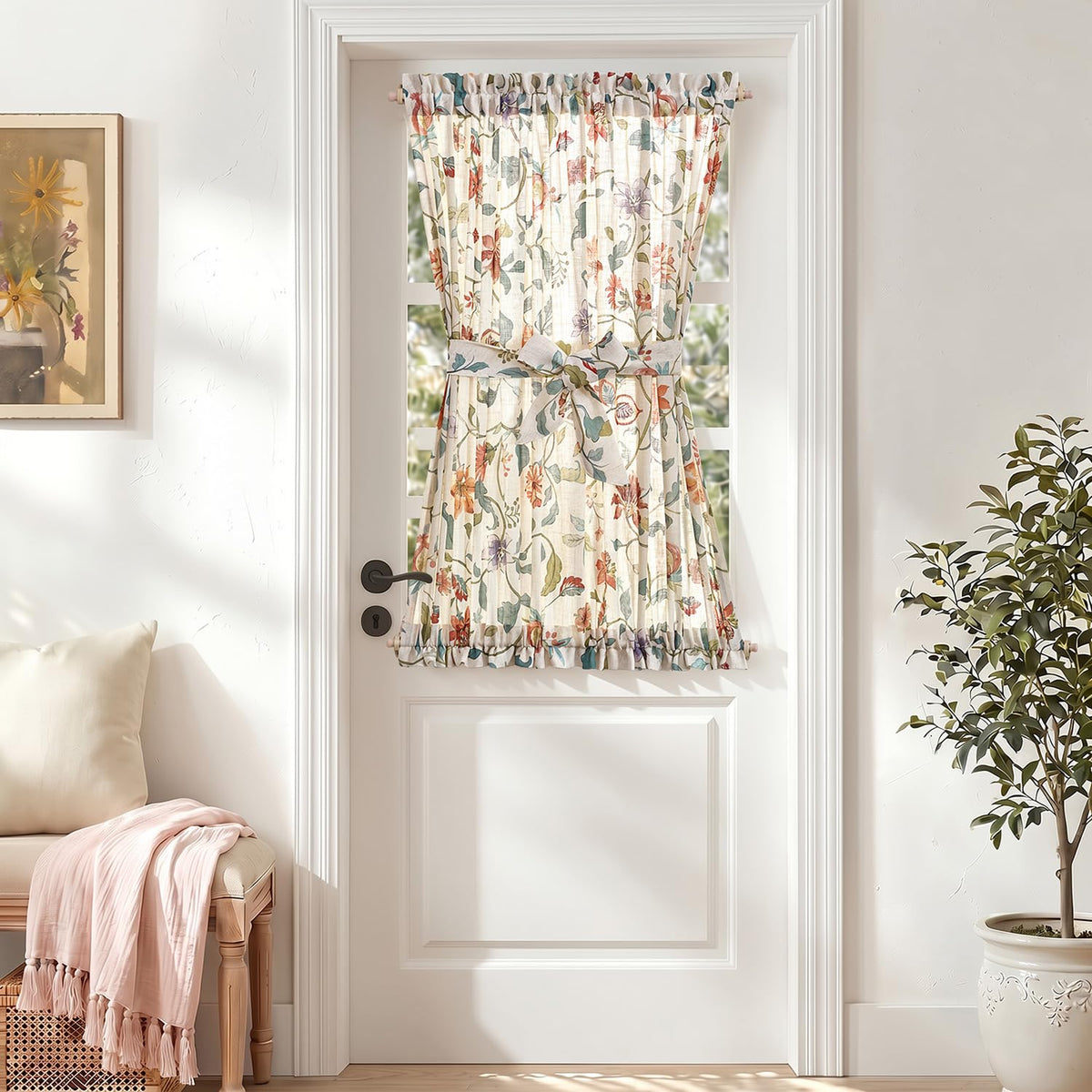 jinchan Blue Linen Floral French Door Curtain 40 Inch Rod Pocket 1 Panel