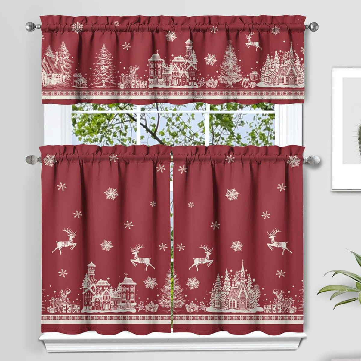 Sage Kitchen Curtain Valance 3 Piece Set, Sage Leaf Floral Kitchen Decor for Home Interior, Farmhouse Style Sink Window Curtains 36 Inch