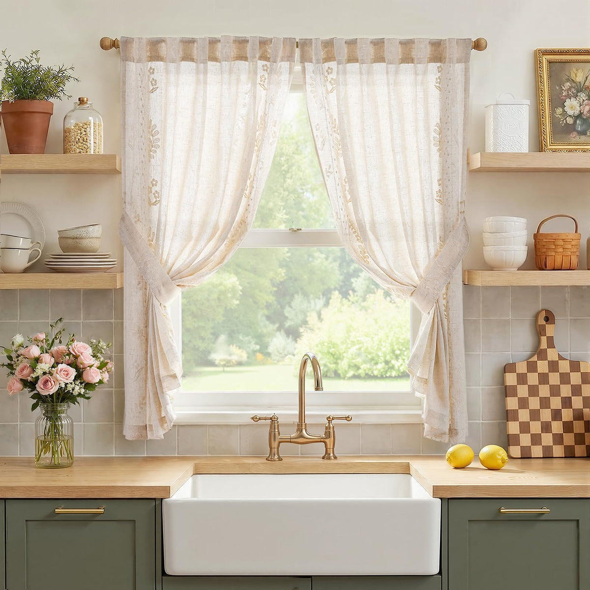 jinchan Sage Floral Linen Kitchen Tier Curtains Back Tab 54×45 2 Panels
