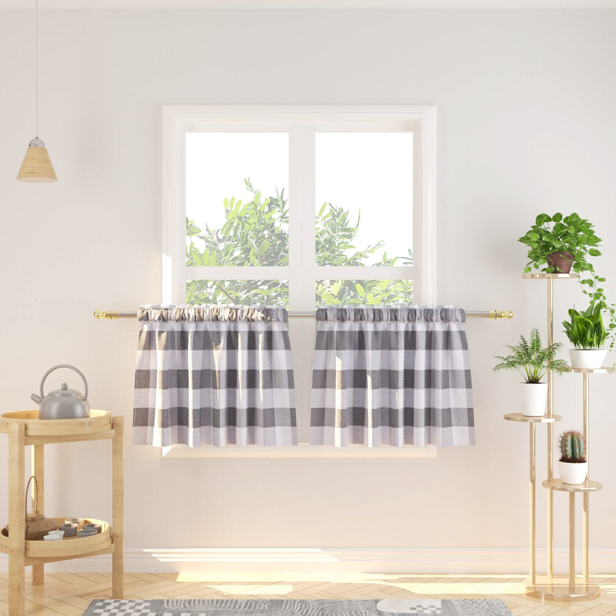 Buffalo Check Kitchen Tier Curtain 24 inches Long Plaid Gingham Rod Pocket Classic Cafe Curtains Country Farmhouse Kitchen Half Window Curtains 2 Panels Beige & White
