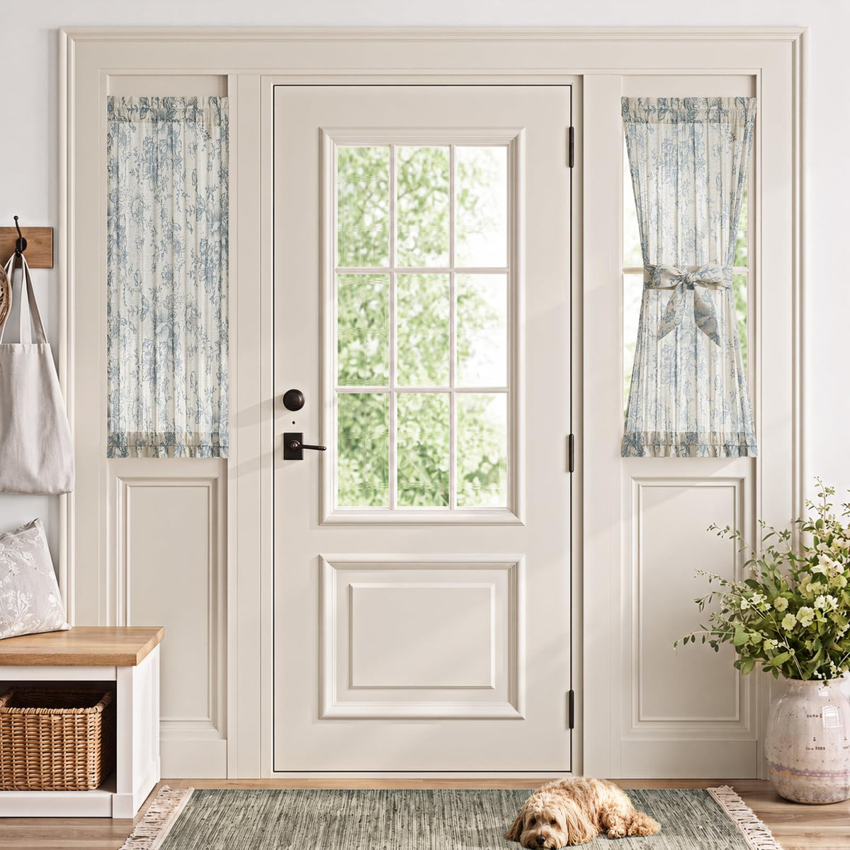 jinchan Blue Linen Floral French Door Curtain 40 Inch Rod Pocket 1 Panel