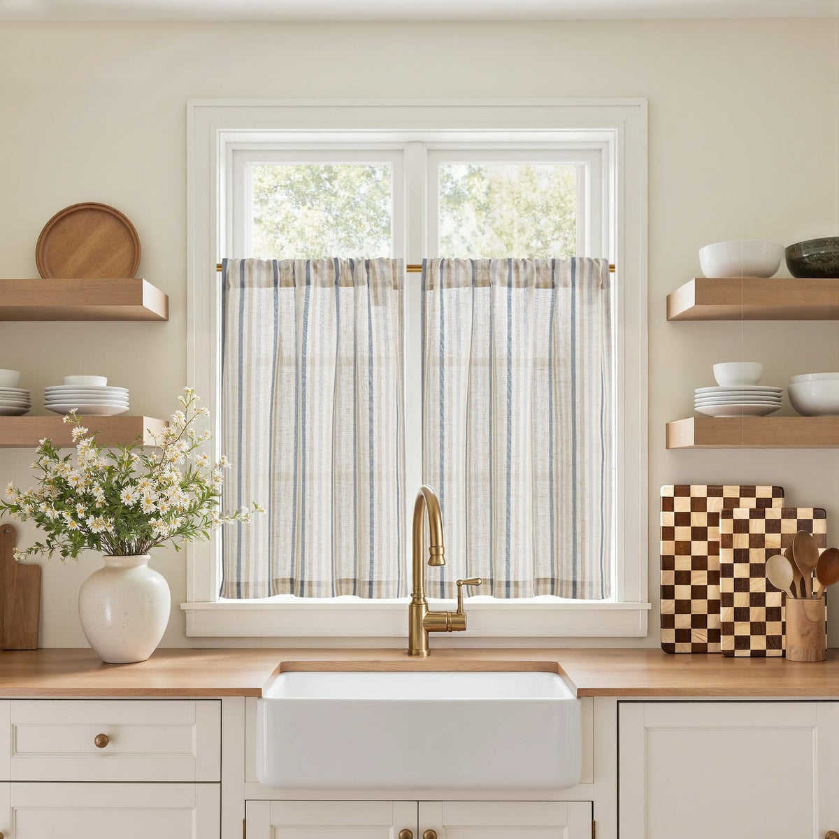 jinchan Striped Linen Kitchen Tier Curtains, 30 Inch, Sage Green, 2 Panels