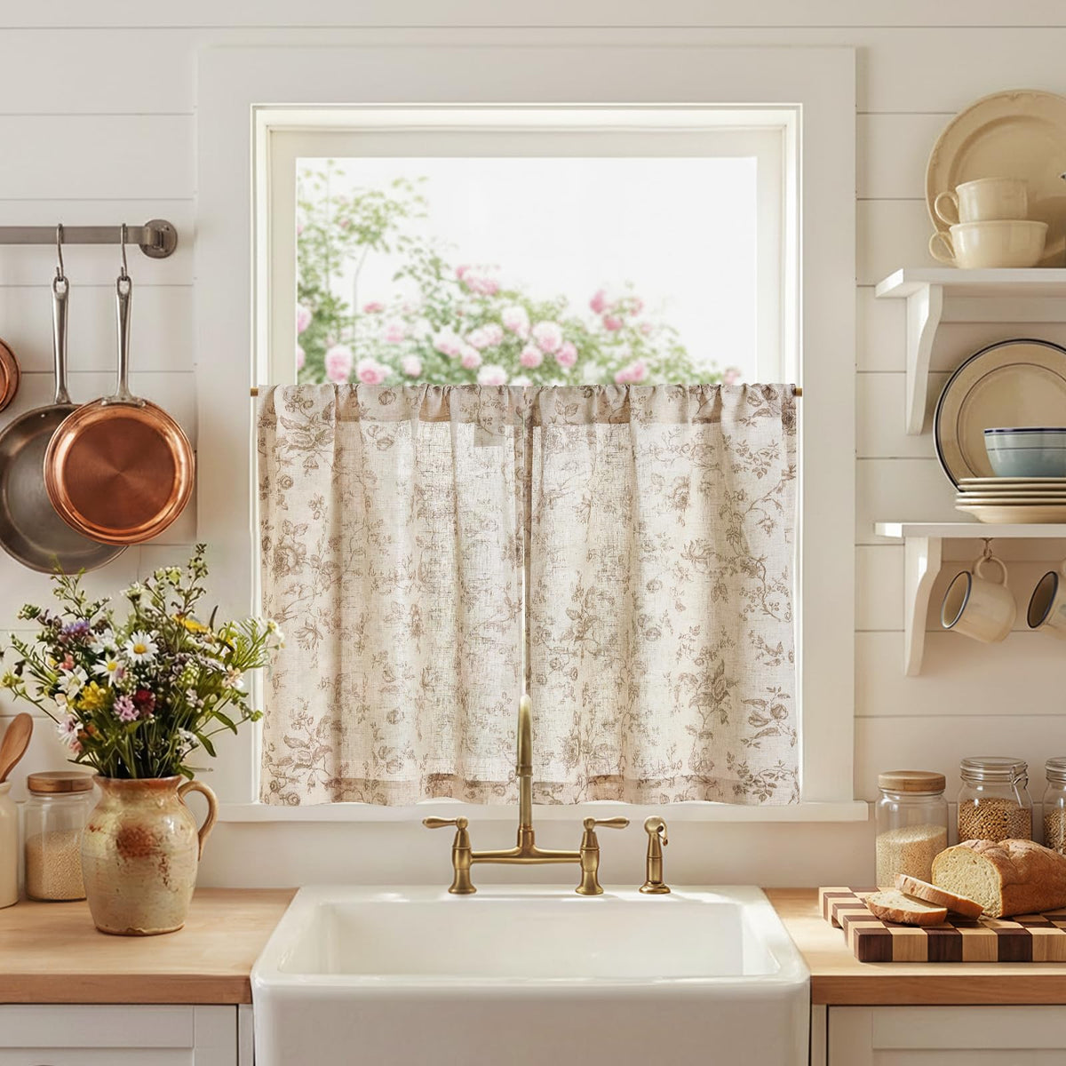 jinchan Floral Linen Kitchen Tier Curtains, 36 Inch, 2 Panels, Taupe