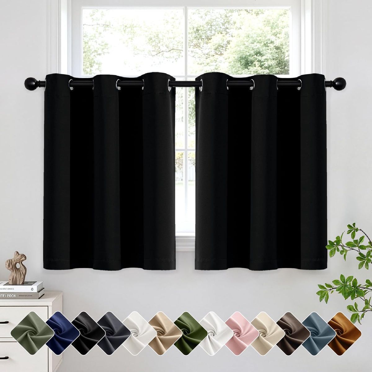 Short Navy Blue Blackout Kitchen Curtain W40 x L45 Inch 2 Panels