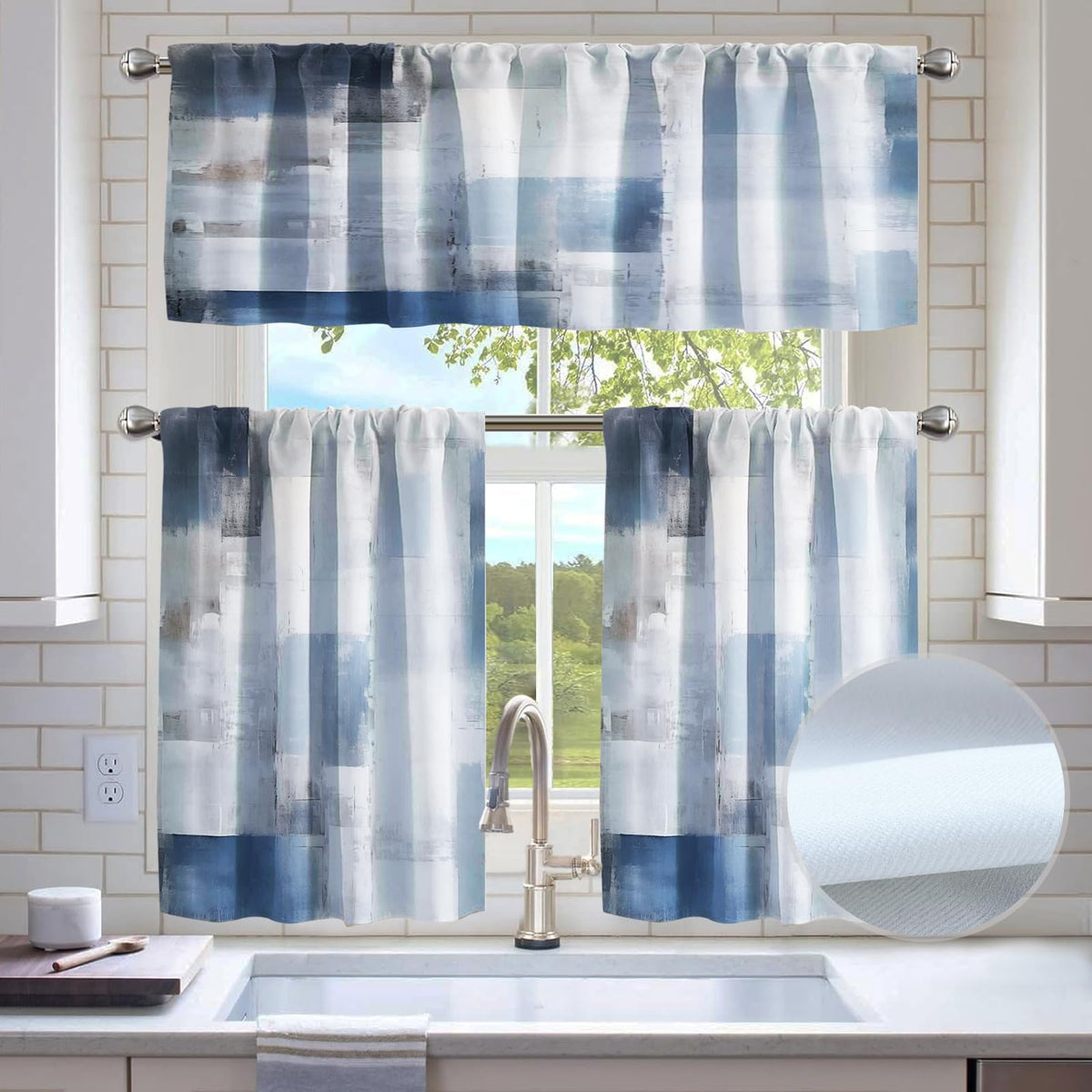 Kitchen Curtains Sets for Windows,52x36 Inch 3 Piece,Green Marble