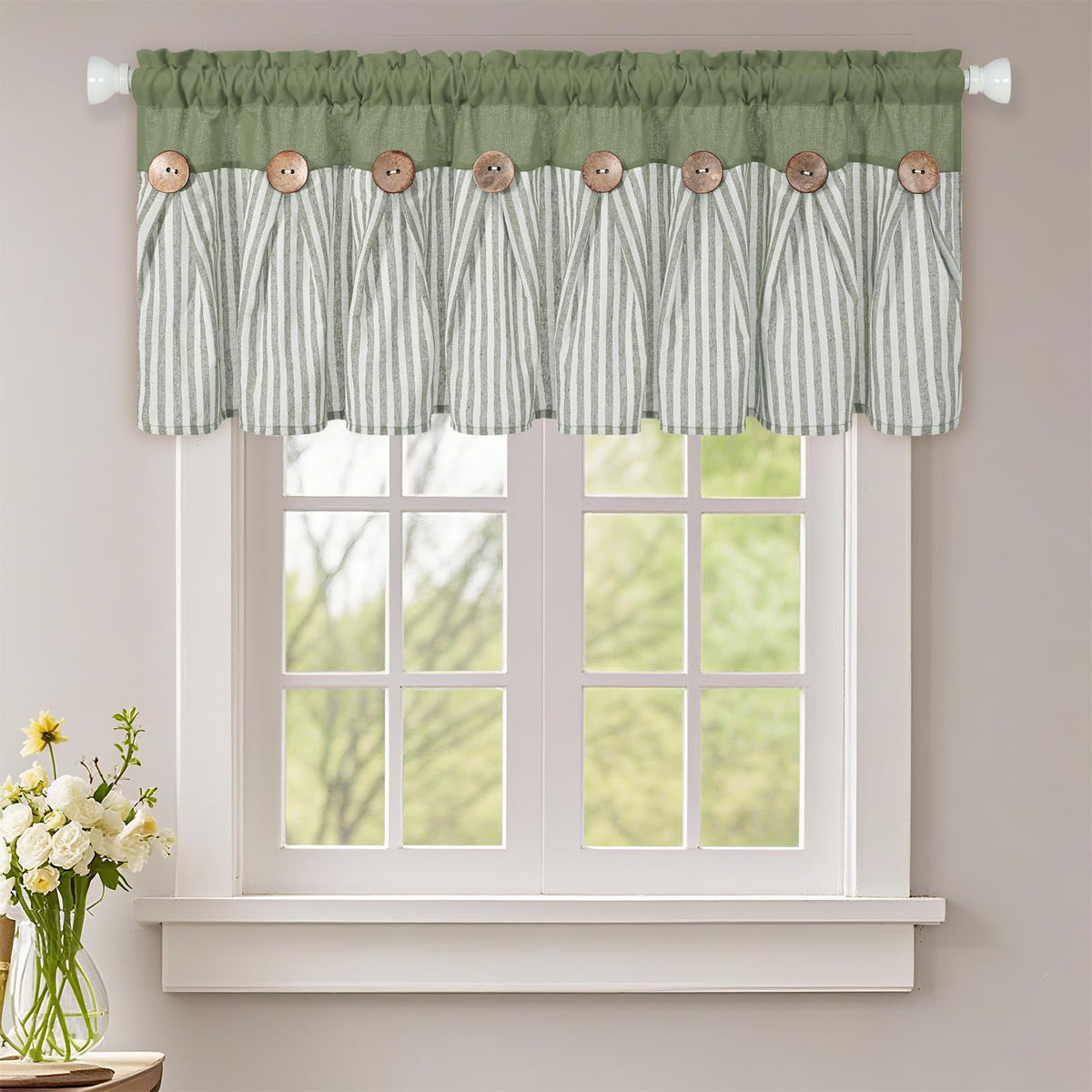 ASPMIZ Cotton Linen Kitchen Valance Curtains, Boho Rustic Button Linen Valances for Windows Farmhouse, Black with Grey Stripe Valance Window Topper Treatment Window Valances for Bathroom, 52 x 18 Inch