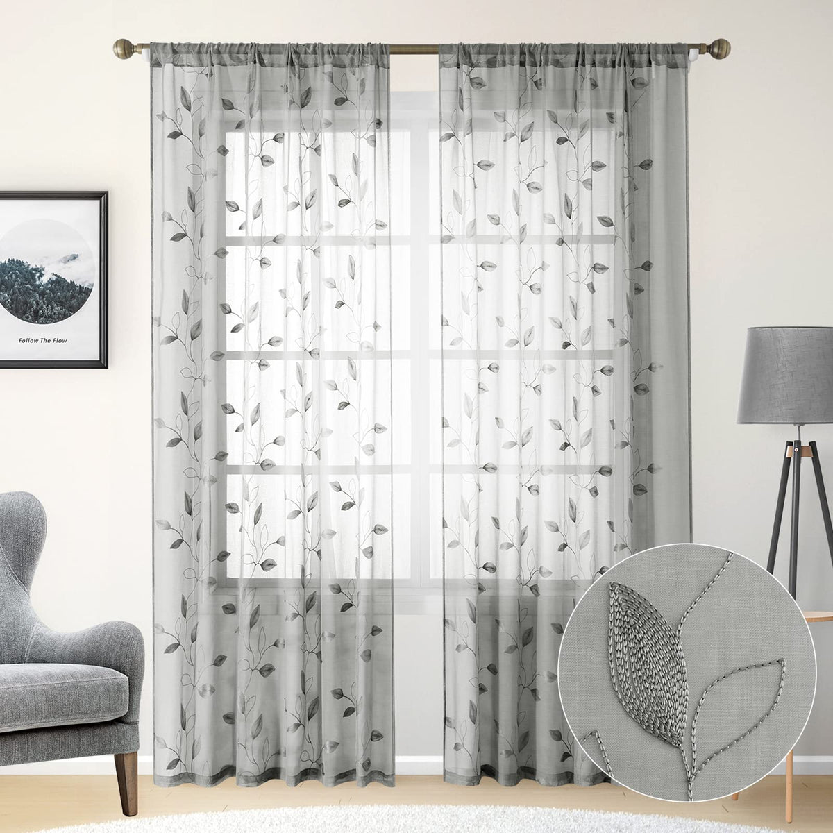 HOMEIDEAS Sage Green Kitchen Tier Curtains Leaf Embroidered, 30x36, 2 Panel