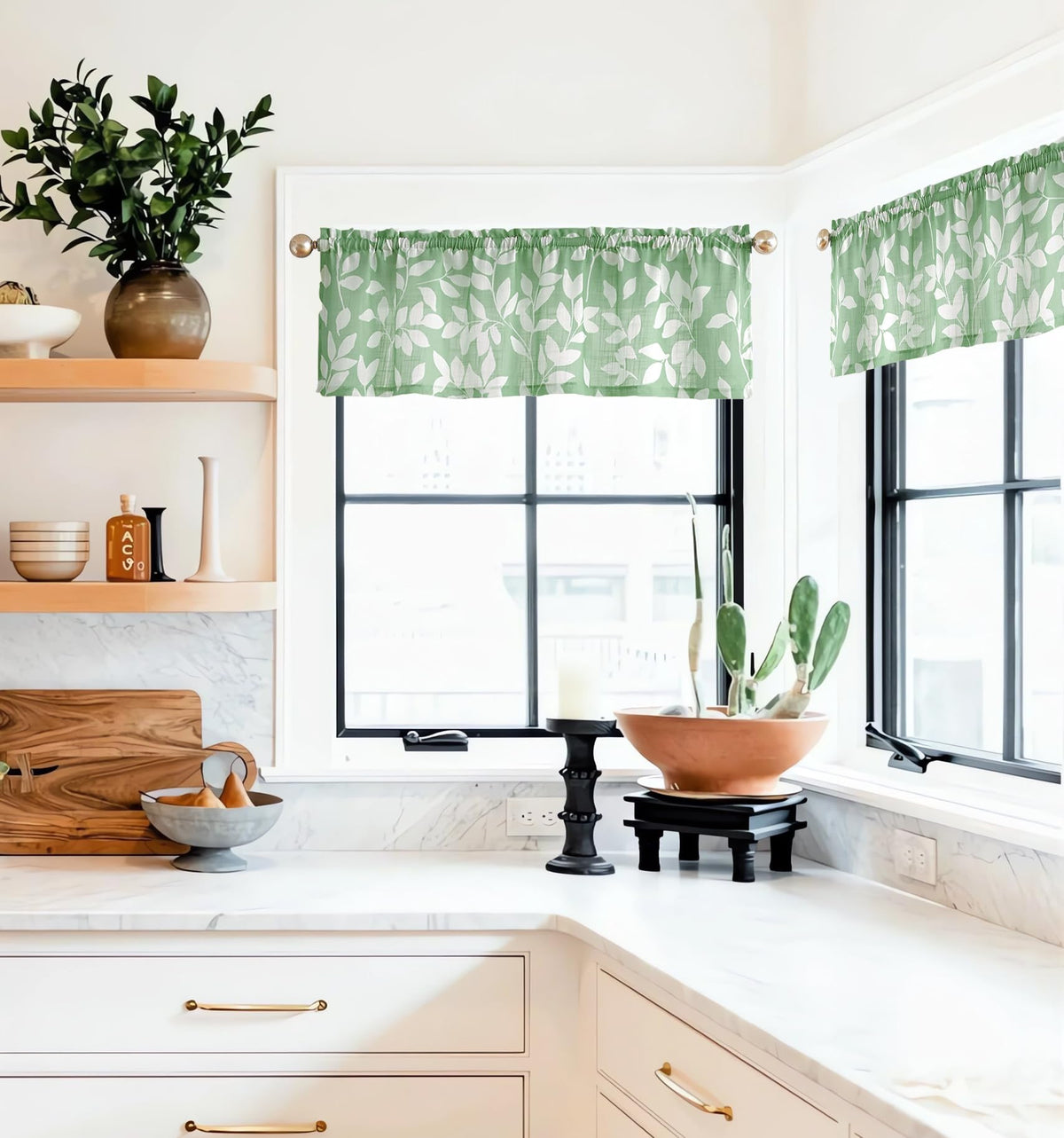 Leaf Kitchen Curtains 36"L Small Tier Window Curtains White Taupe 2pcs