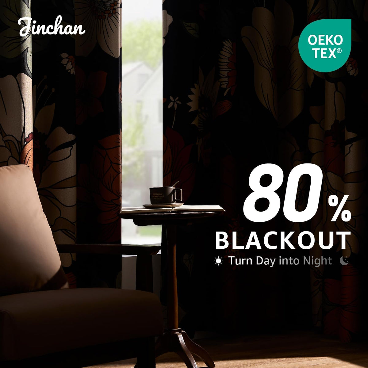 jinchan Black Boho Floral Blackout Curtains 84 Inch Grommet 2 Panels