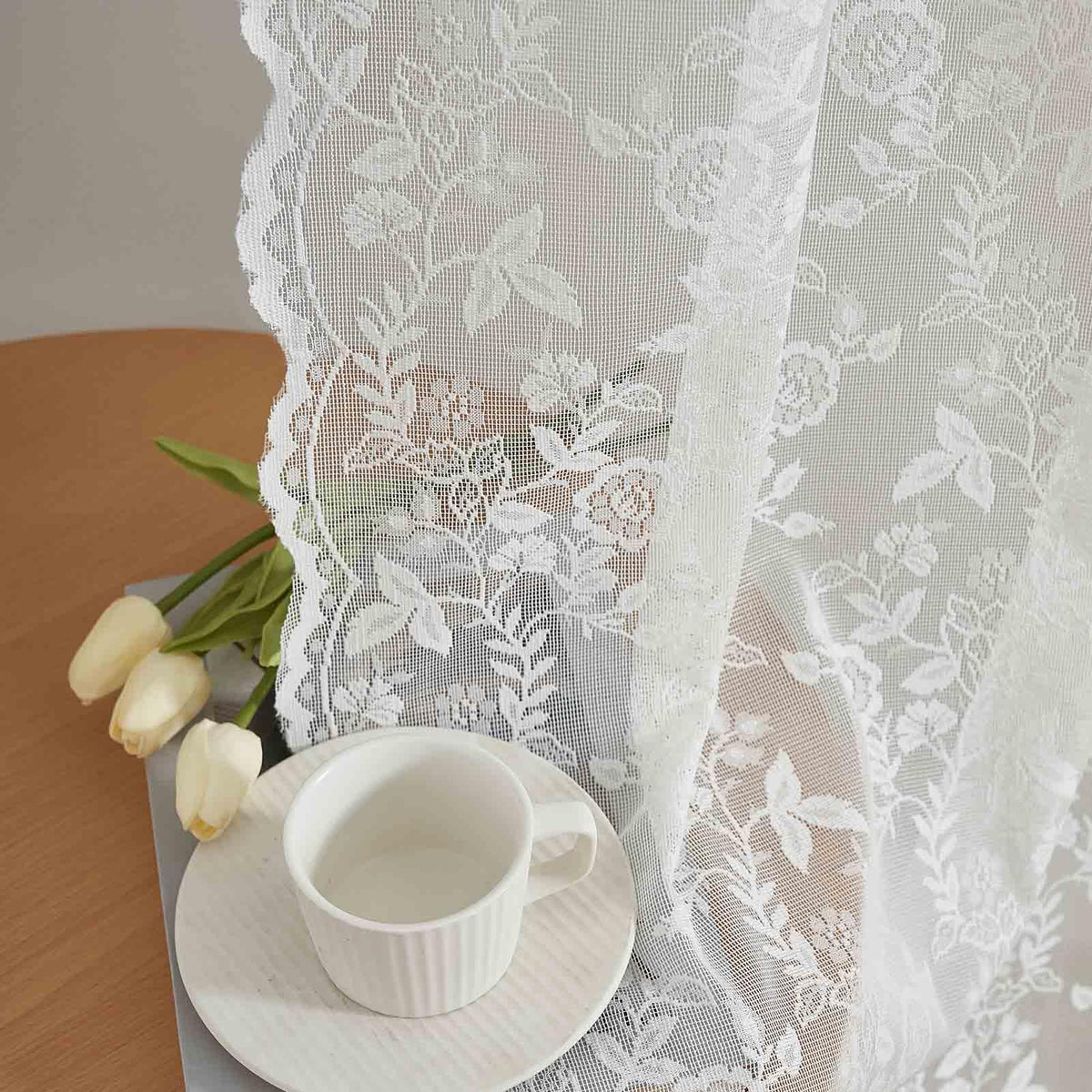FINECITY Short Beige Lace Curtains Rustic Leaf Floral W42xL36 Inch 2 Panels