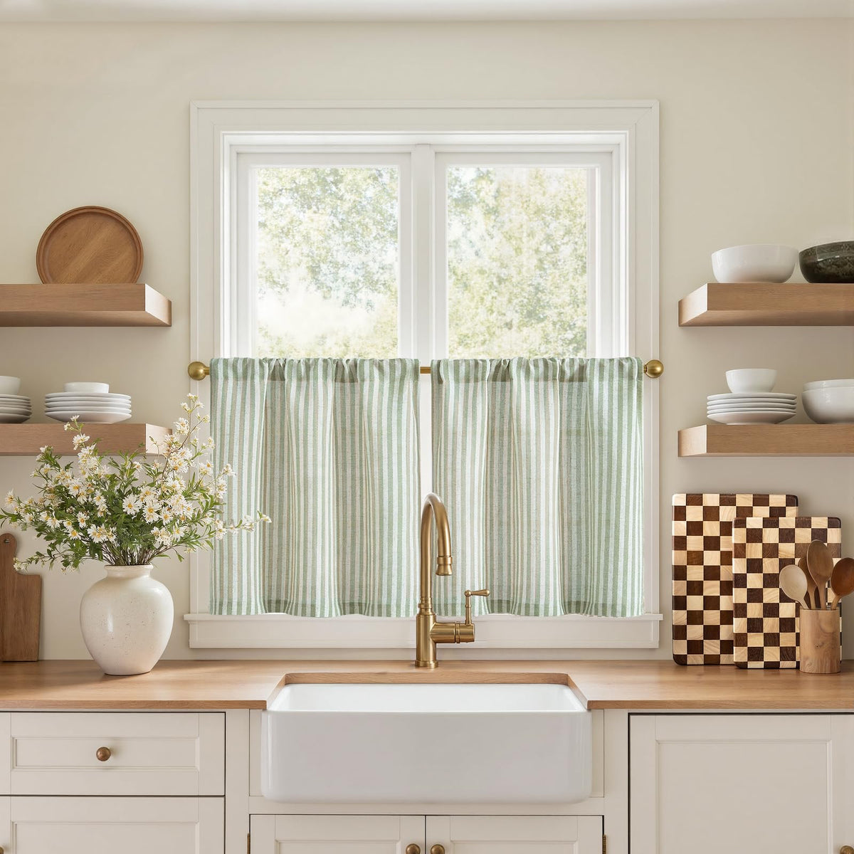 jinchan Striped Linen Kitchen Tier Curtains, 20 Inch, Tan, 2 Panels