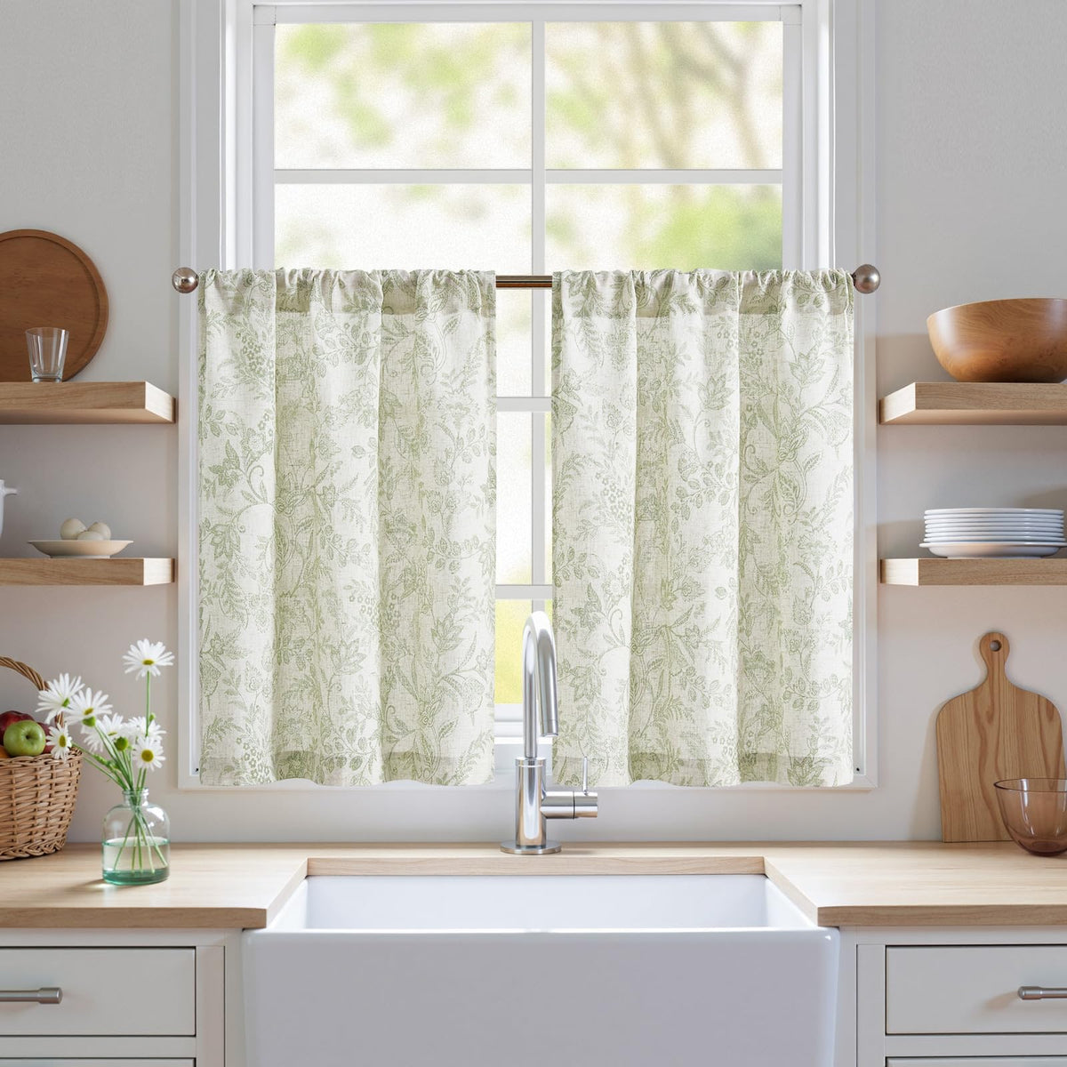 jinchan Floral Kitchen Tier Curtains 24 Inch 2 Panels Sage Green on Beige