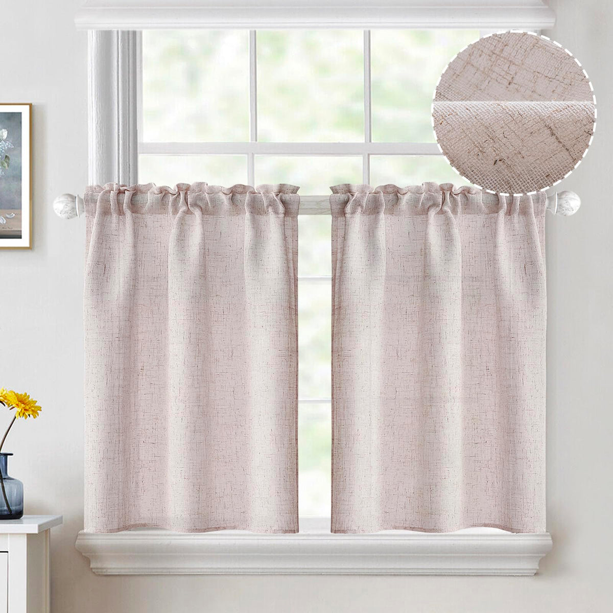 MIULEE Spring Linen Textured Kitchen Window Curtains over Sink 24 Inch Length Semi Sheer Farmhouse Small Curtains for Cafe Bathroom Basement, Short Rod Pocket Tier Curtains 2 Panels W26XL24 Sage Green
