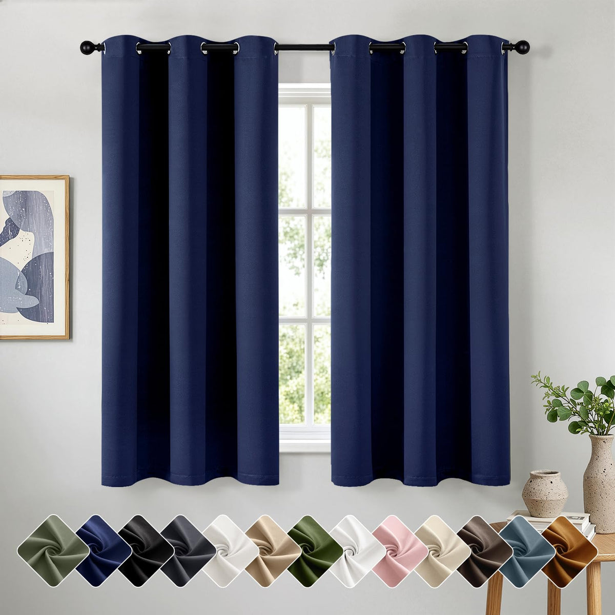 Short Navy Blue Blackout Kitchen Curtain W40 x L45 Inch 2 Panels