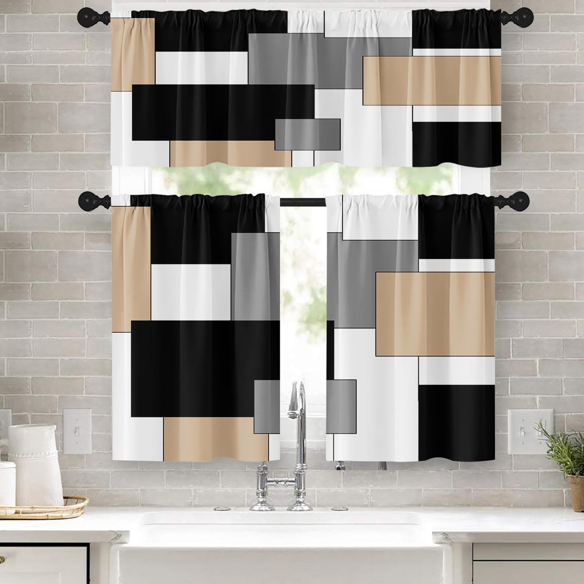 Kitchen Curtains Sets for Windows 52x36 Inch 3 Pack, Geometric