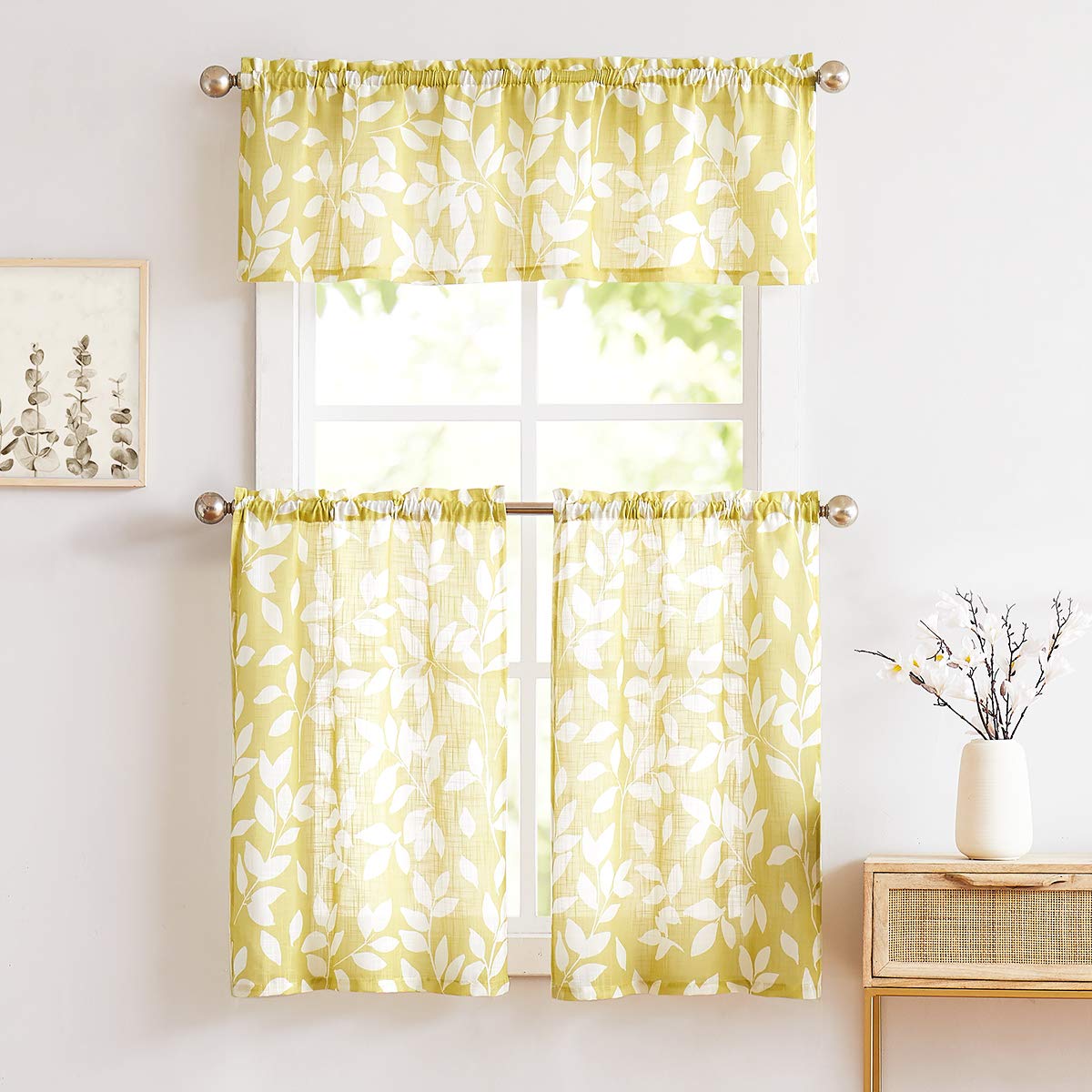 Leaf Kitchen Curtains 36"L Small Tier Window Curtains White Taupe 2pcs