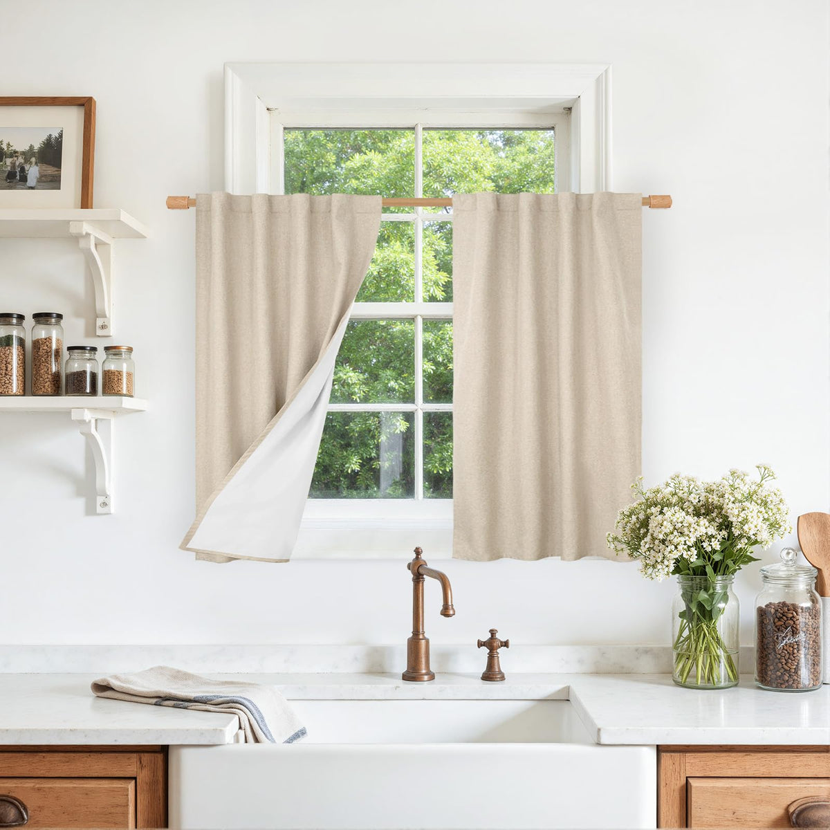 LAMIT Full Blackout Linen Kitchen Window Curtains 36 Inches Long, Ivory