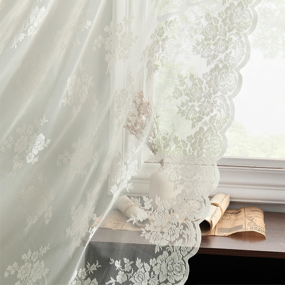 Kotile Short Beige Lace Curtains for Kitchen Windows W42xL45 Inch, 2 Panels