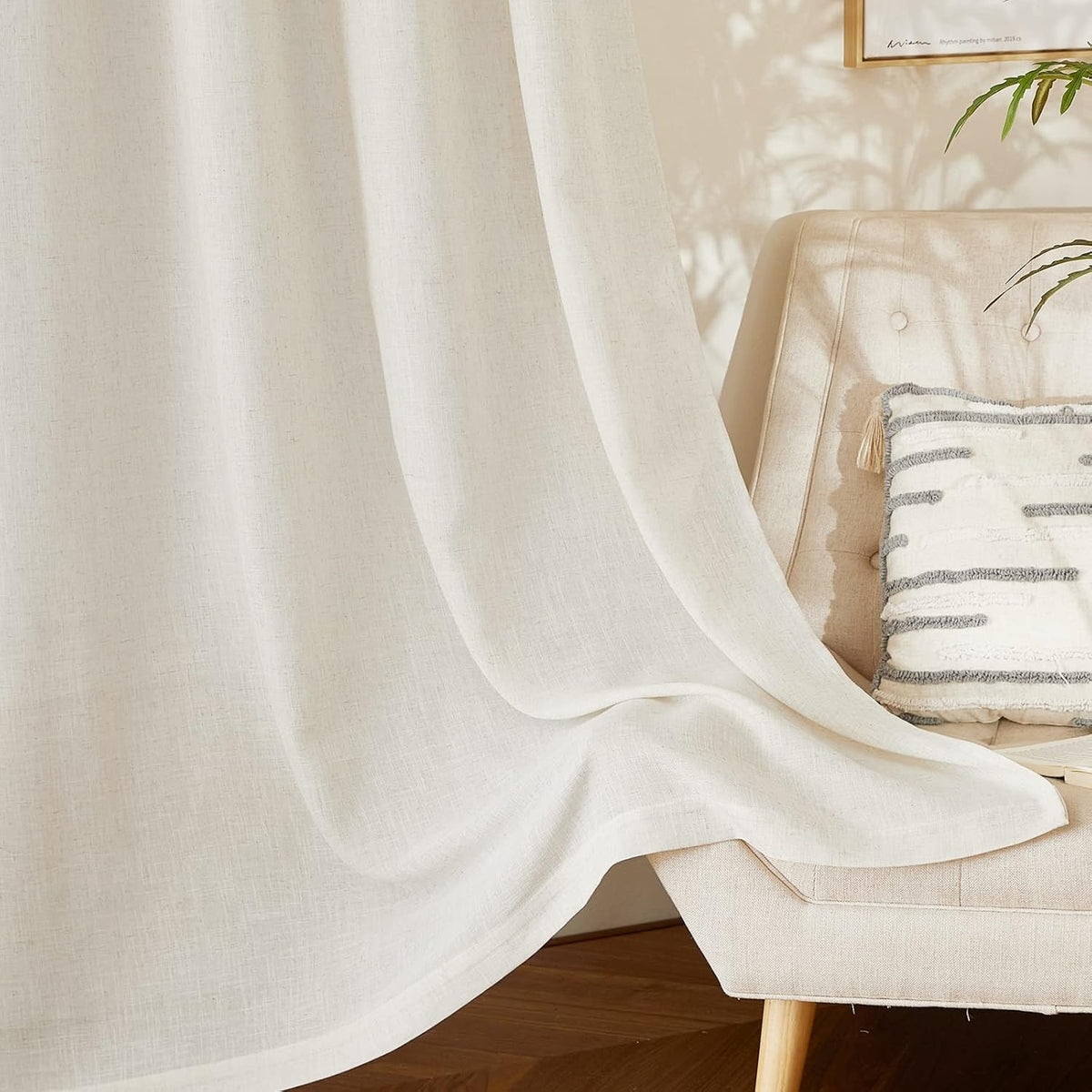 NICETOWN Natural Linen Kitchen Curtains 26 inches Long, Rod Pocket & Back Tab Semi Sheer Flax Window Treatments Rustic & Cute for Cafe/Kids Room, W37 x L26, 2 Panels